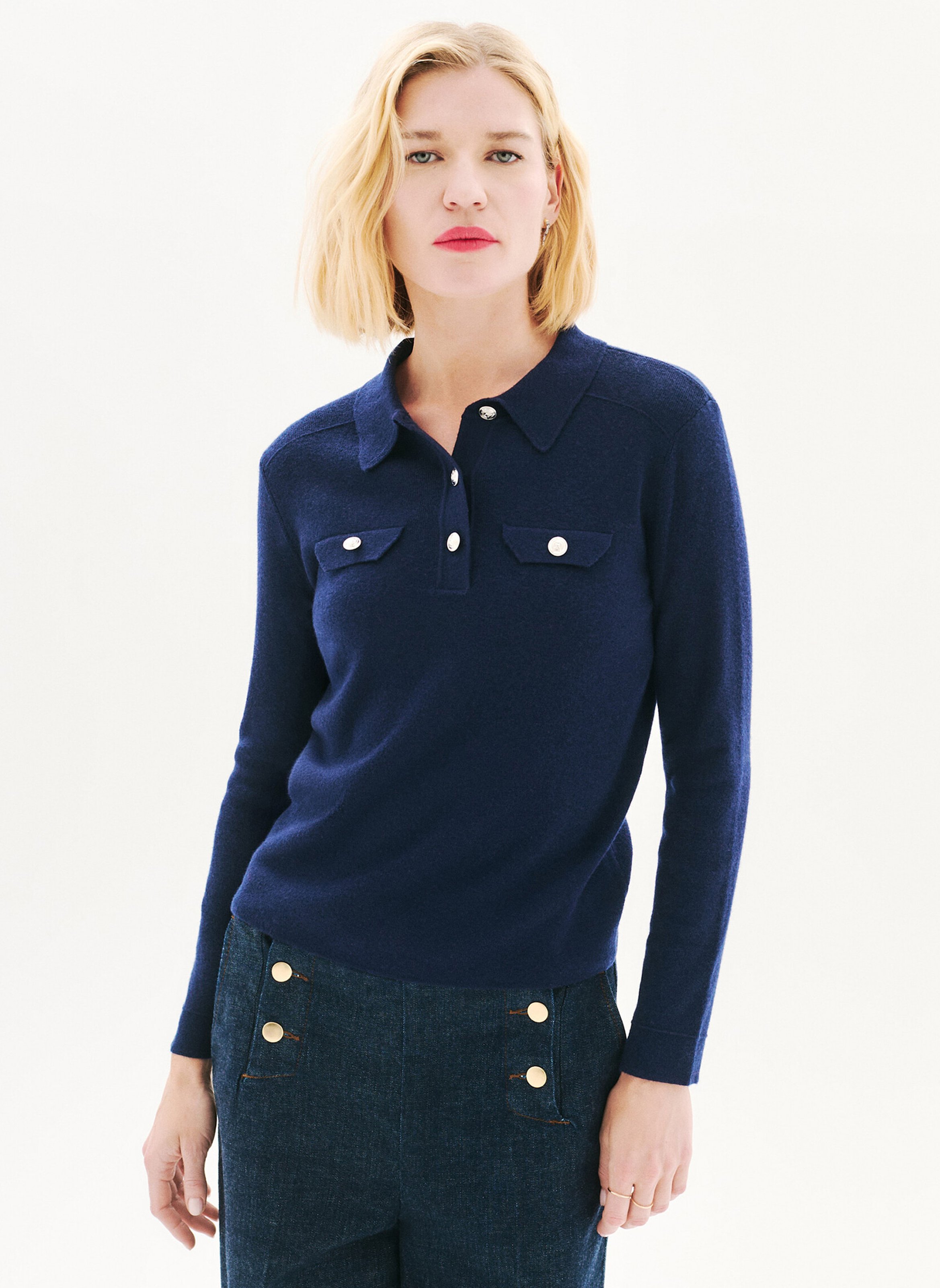 Pull moulant col polo en laine mélangée CAROLL Bleu