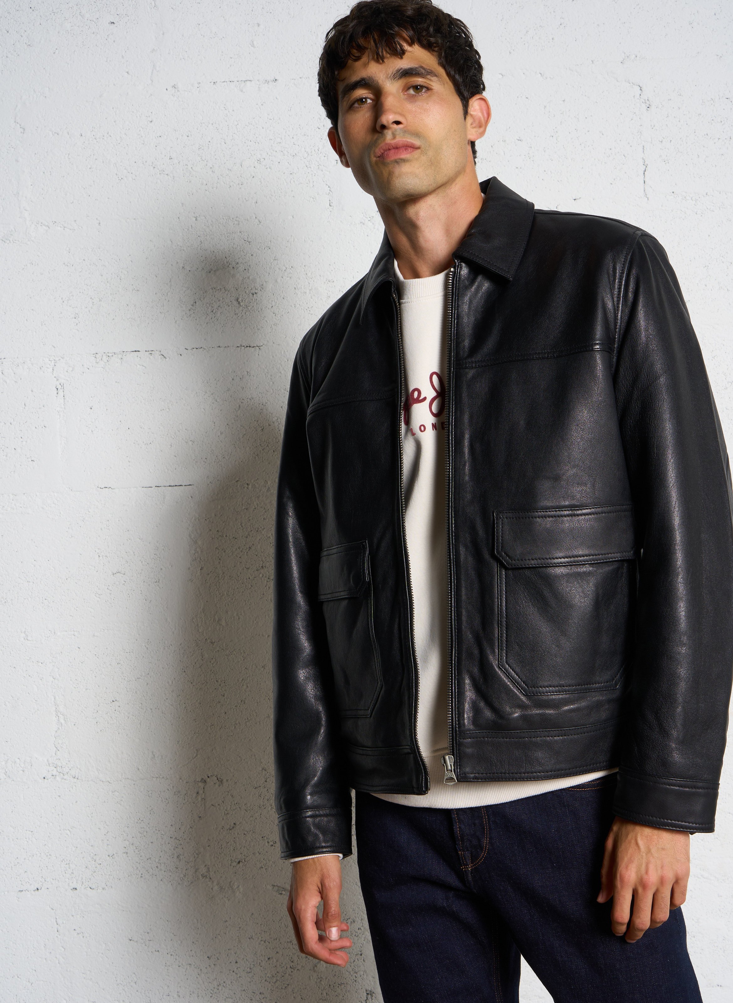 Straight zip-up leather jacket PEPE JEANS Black
