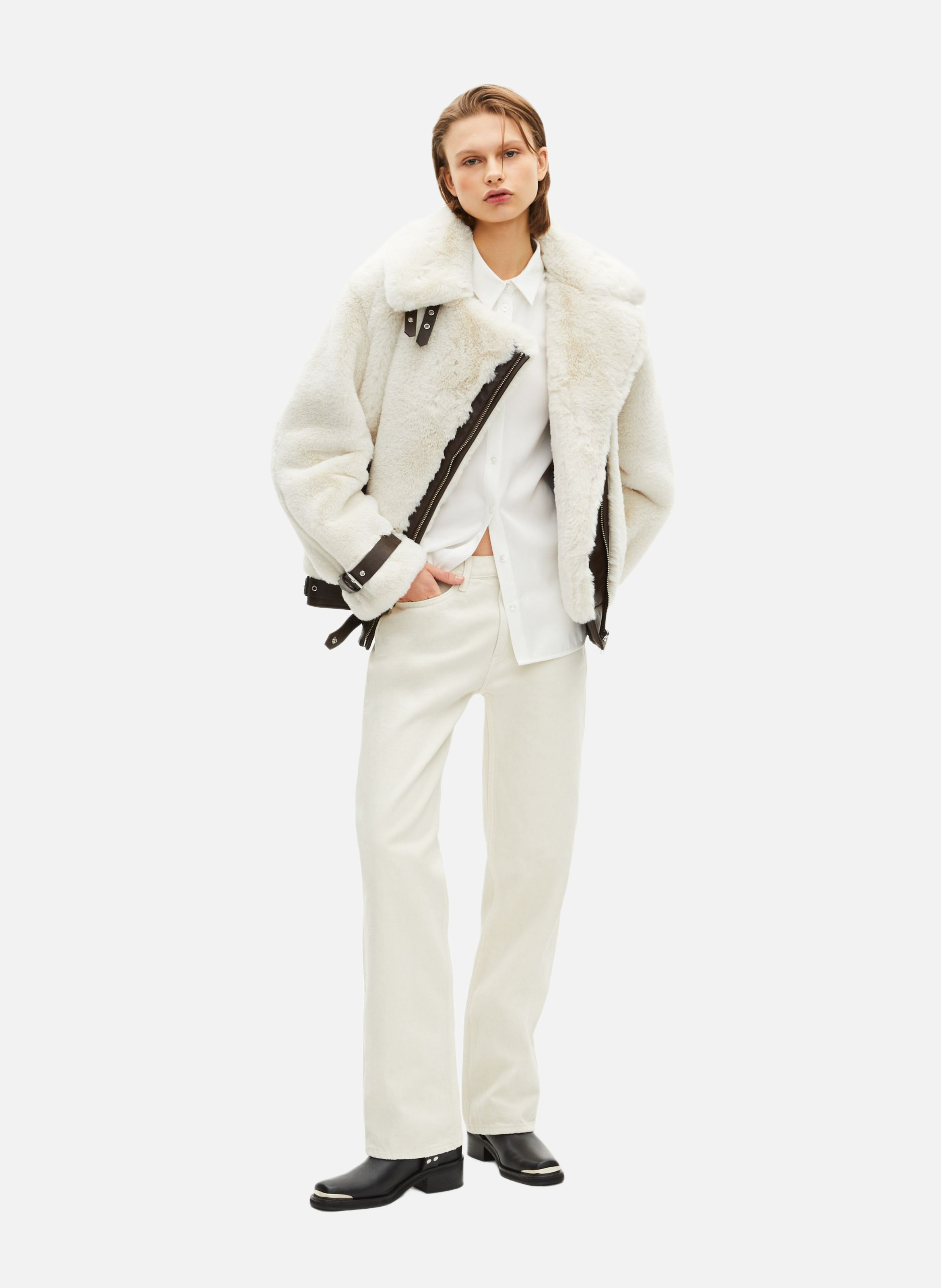 Faux fur aviator jacket White