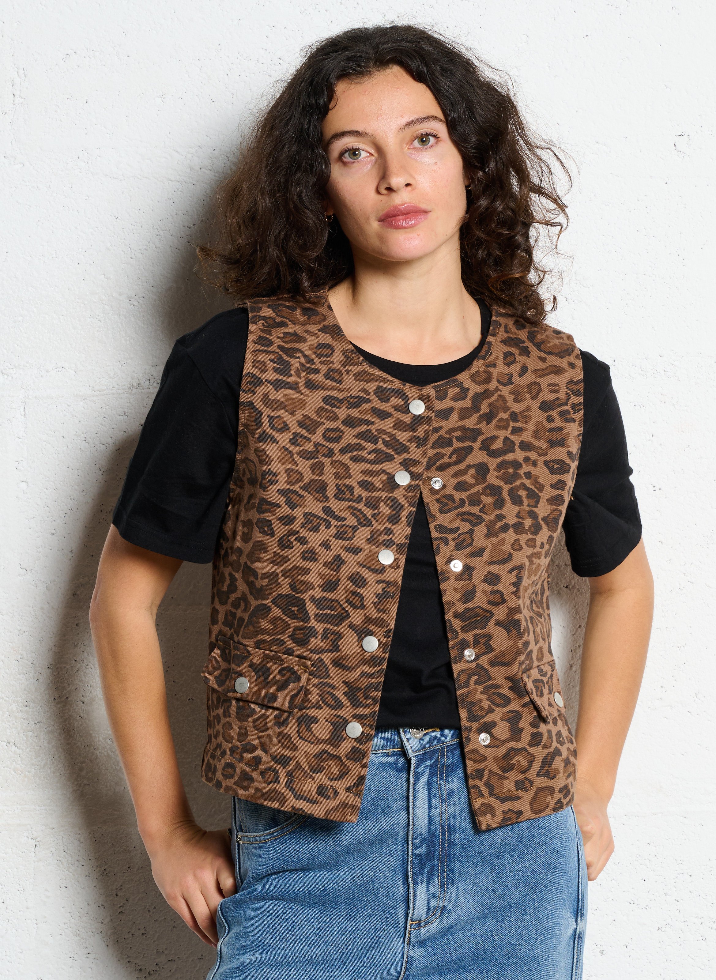 Veste droite col rond en coton THE TINY BIG SISTER Marron