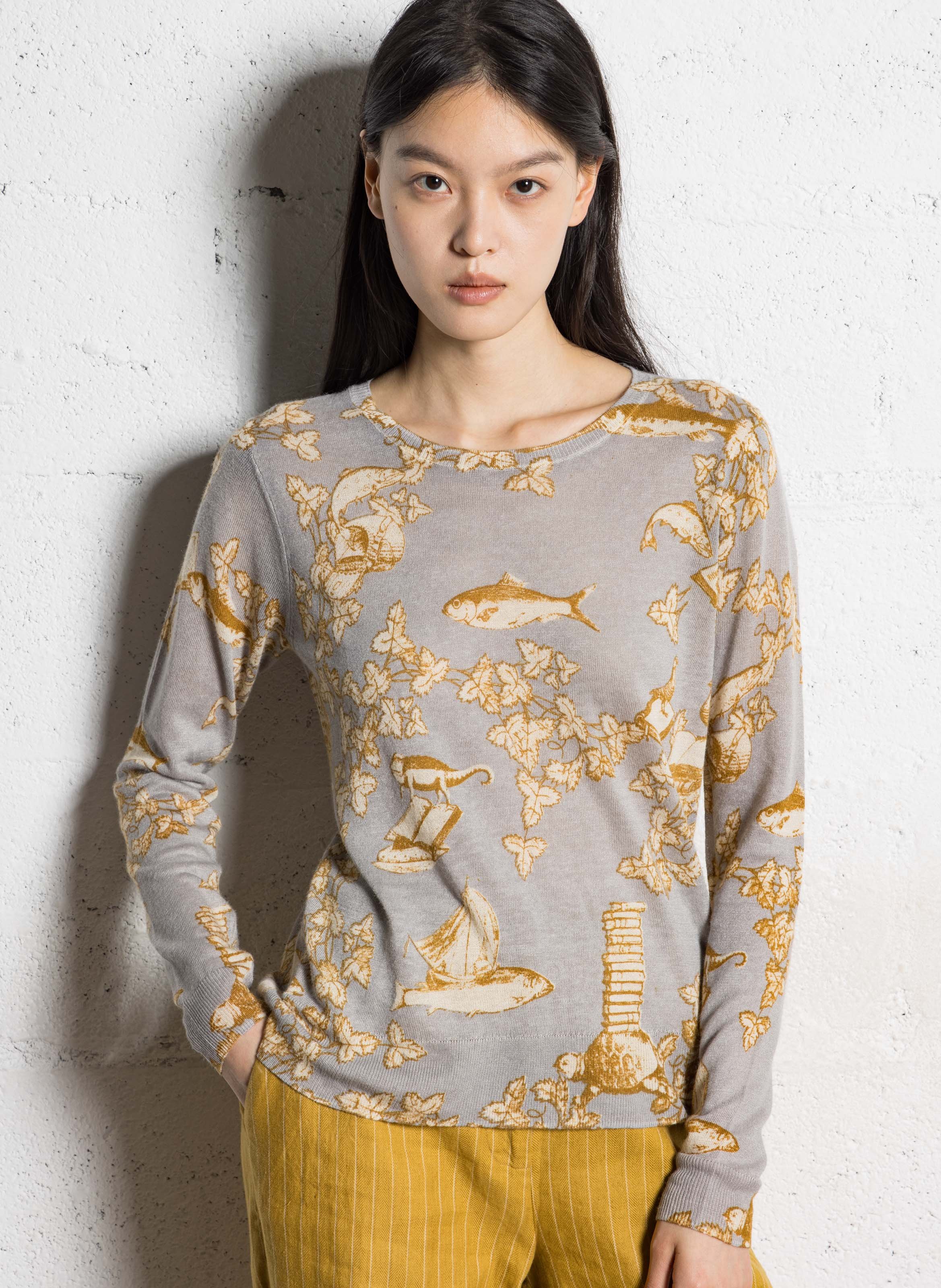 Rechte ronde hals trui van bedrukte knitwear NICE THINGS Grijs