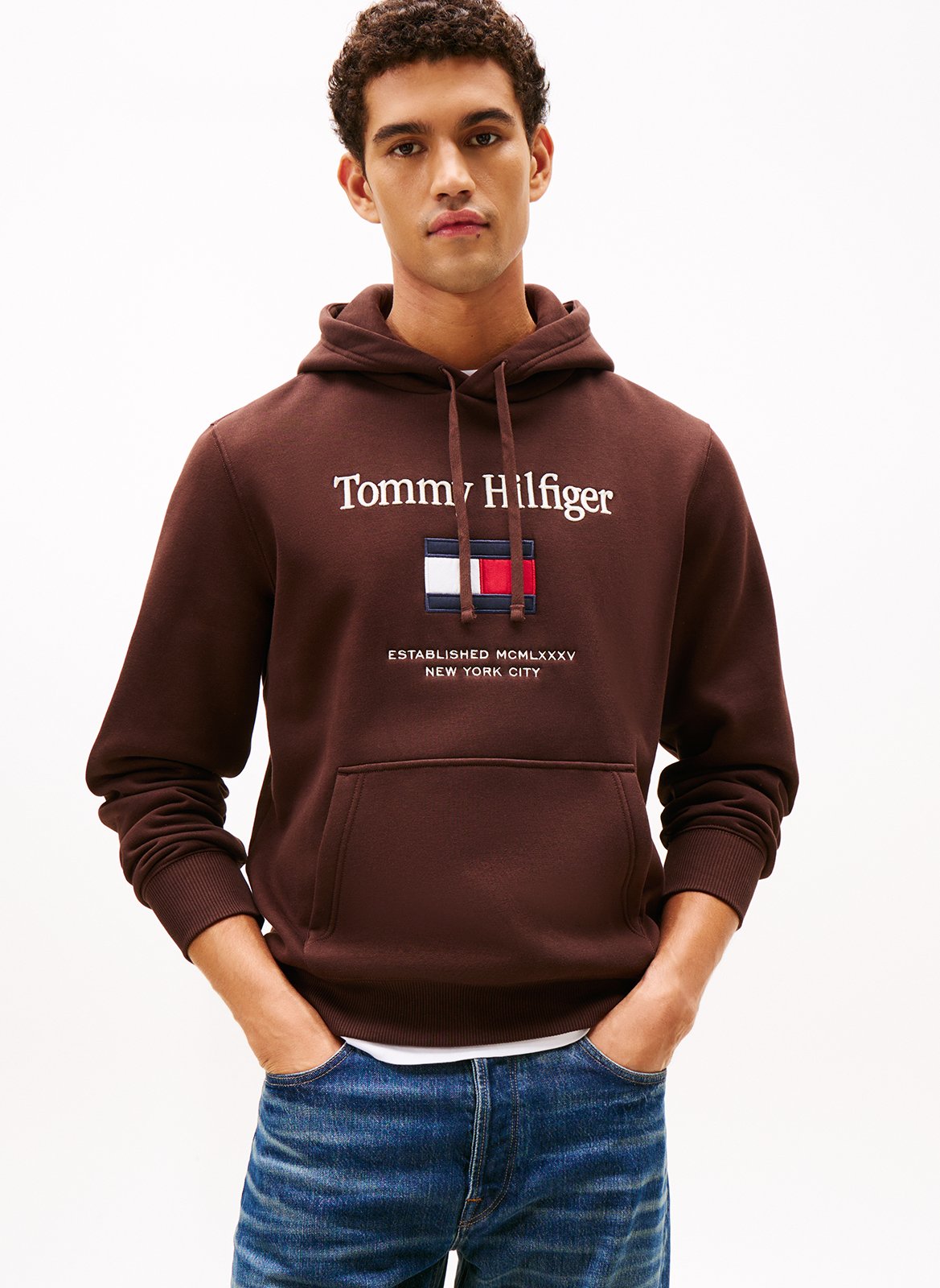 Sweat à capuche droit en coton mélangé TOMMY HILFIGER Marron