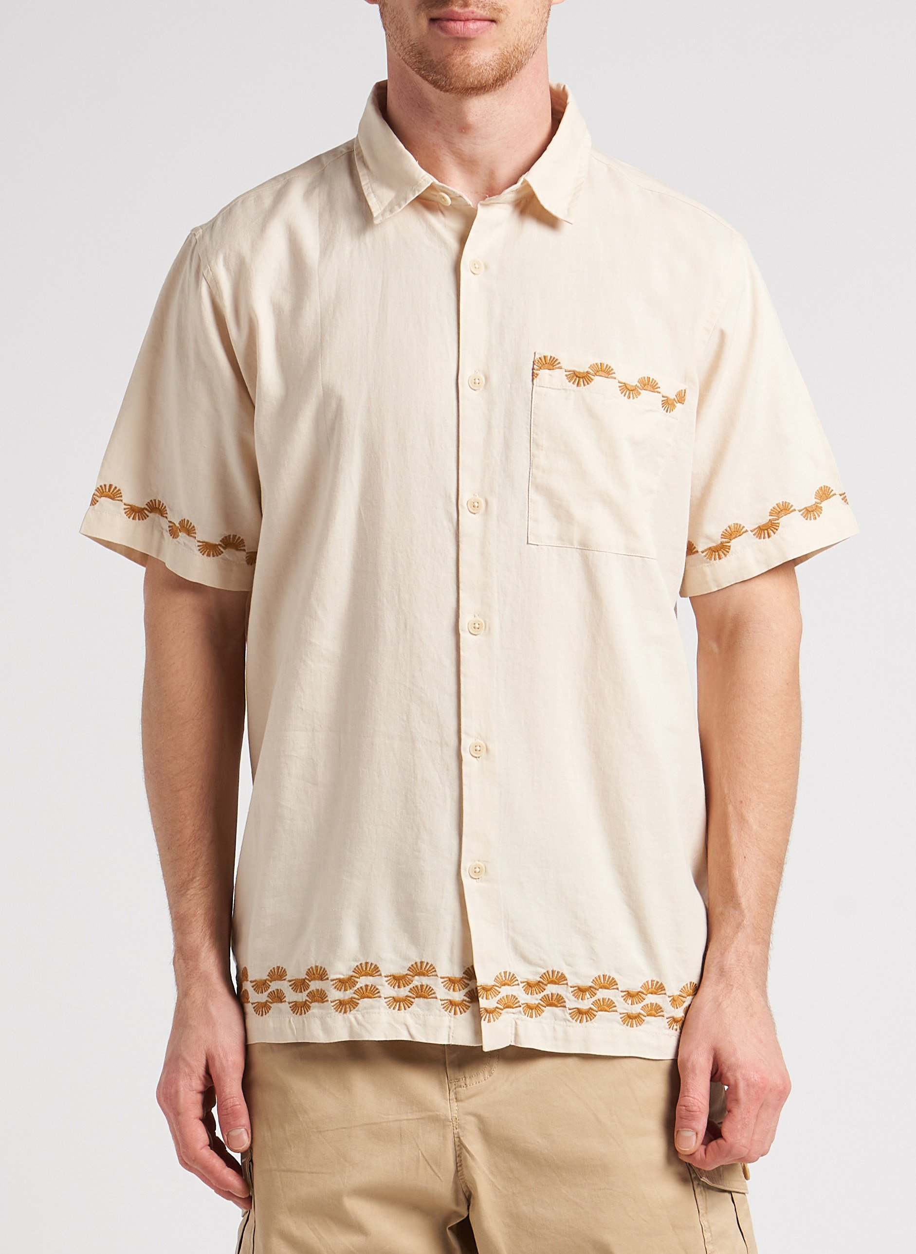 Camicia collo classico ricamata in cotone THINKING MU Beige