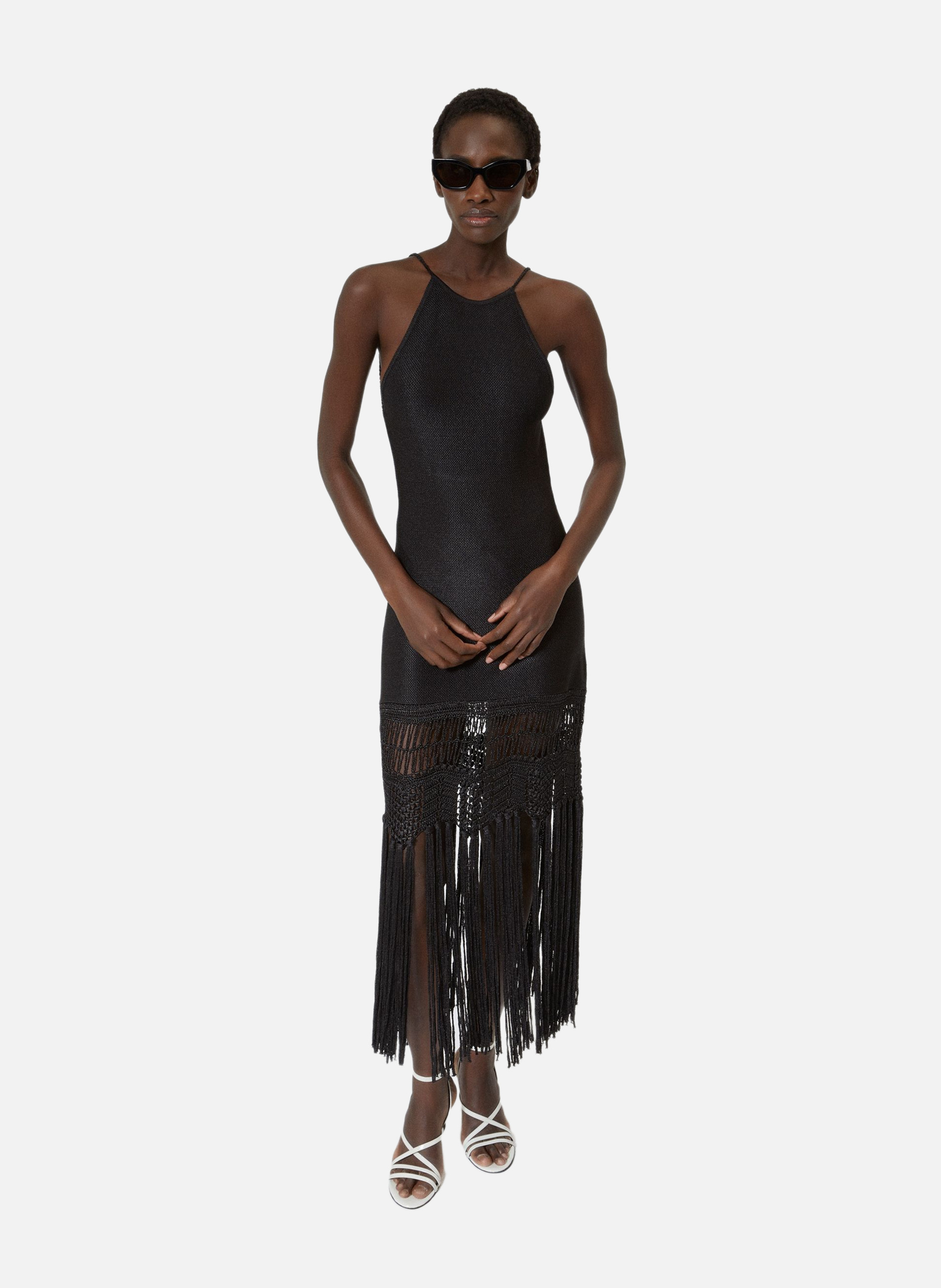 Robe longue dos nu avec franges en maille THE KOOPLES Noir