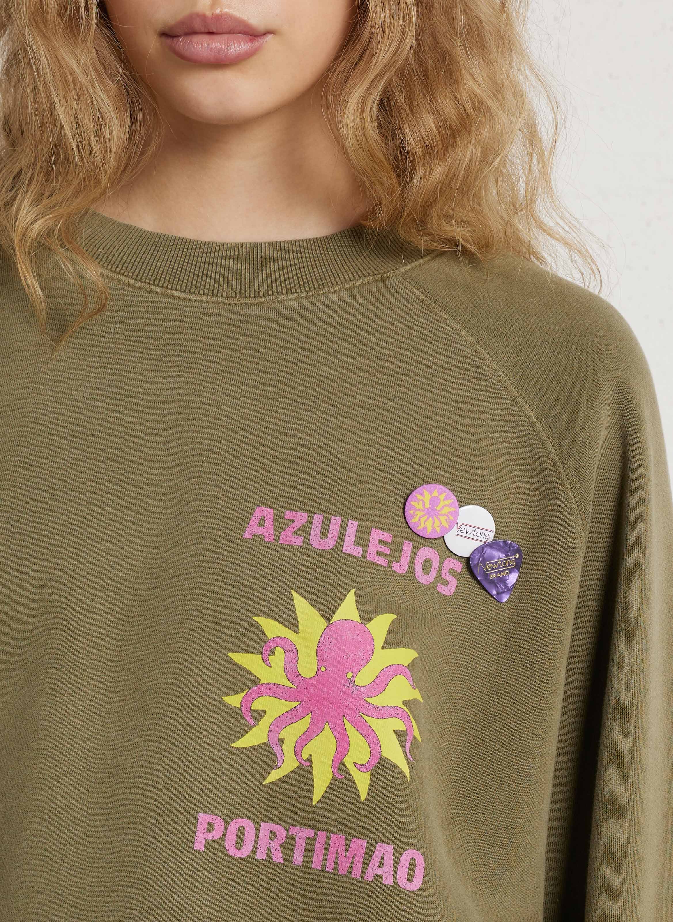 Loose-fit round-neck cotton sweatshirt with screen print NEWTONE Khaki