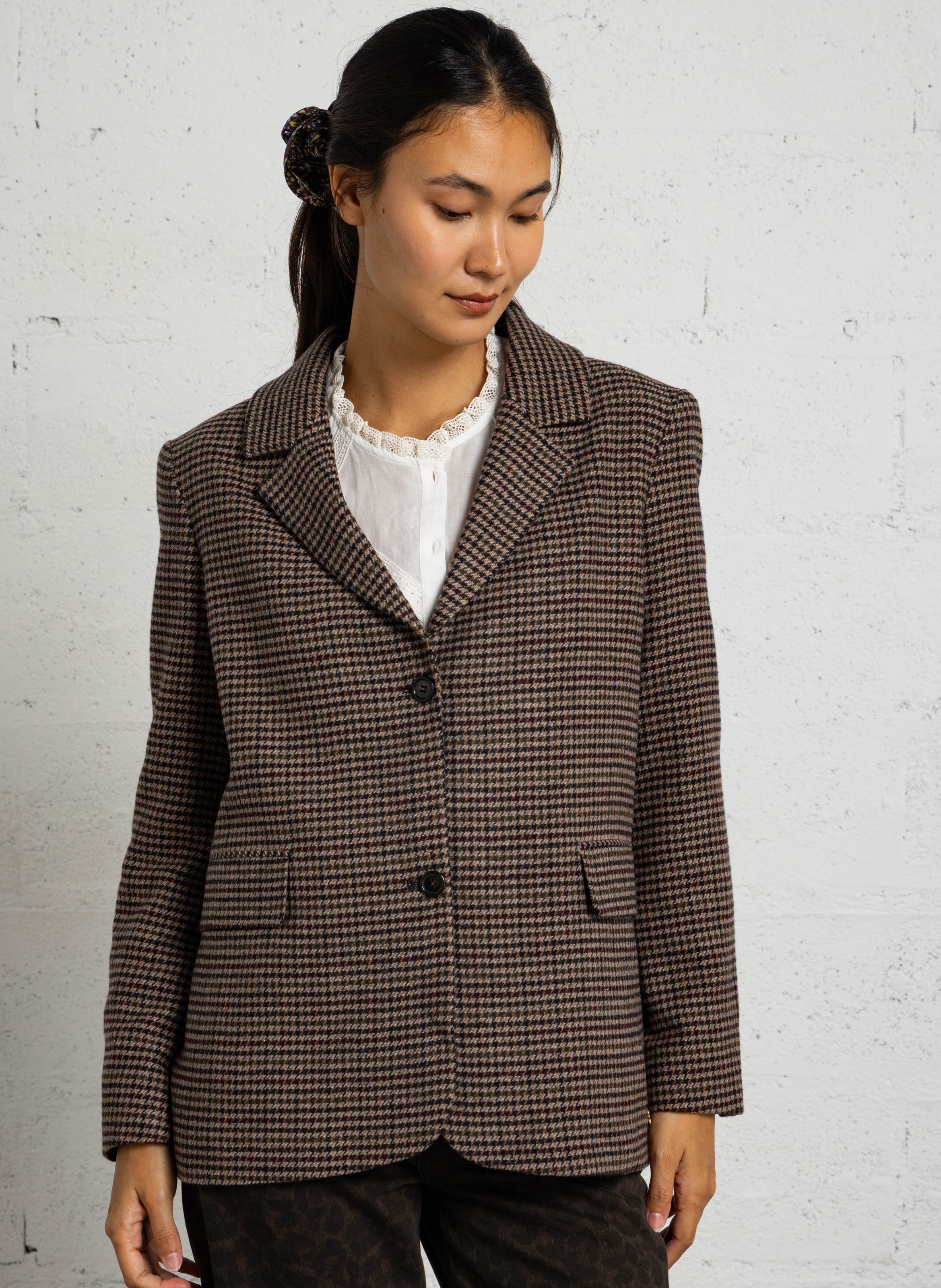Veste droite motif pied de poule en laine mélangée DES PETITS HAUTS Multicolore