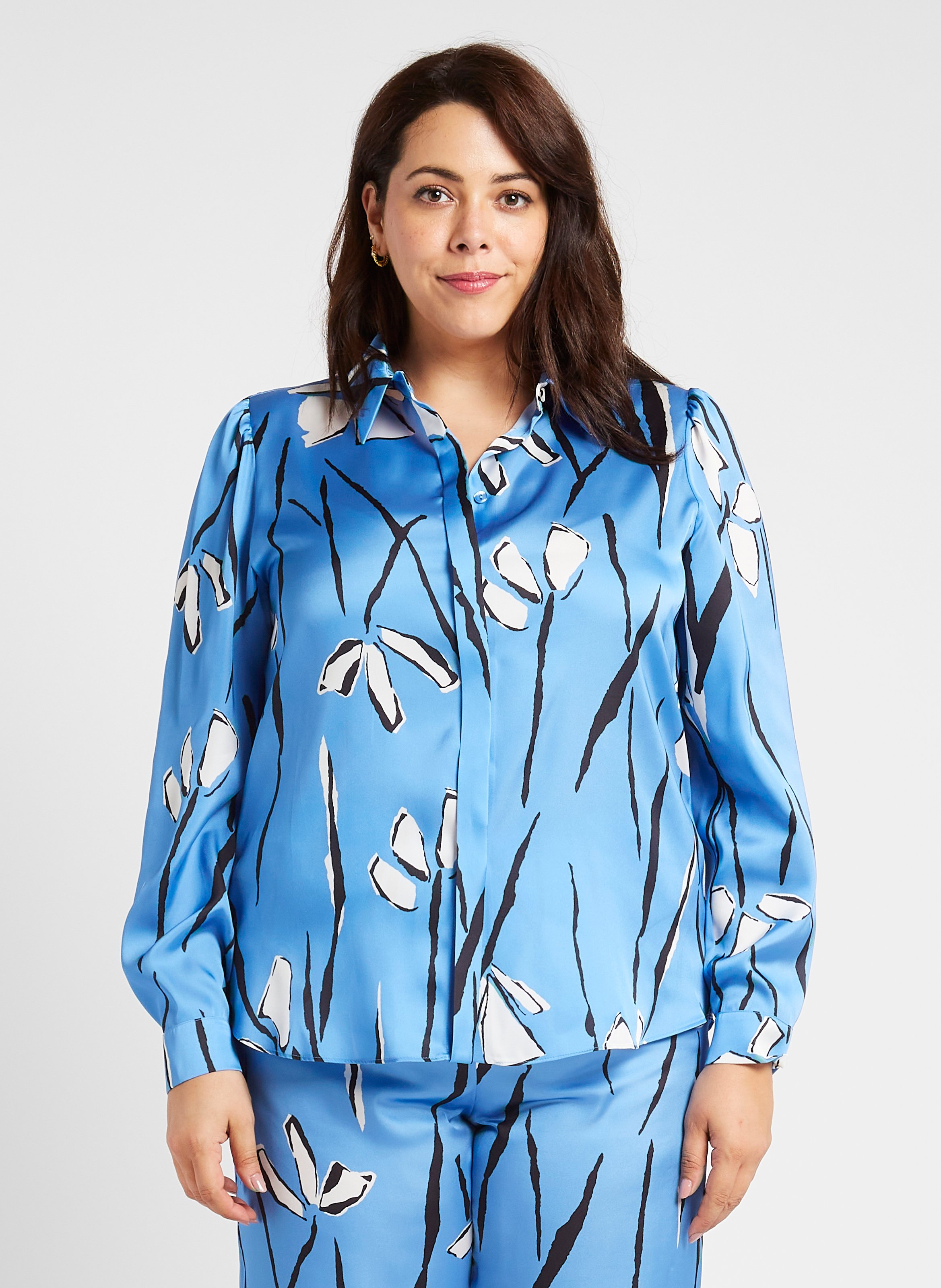 Straight satiny floral print shirt with classic collar PERSONA by Marina Rinaldi Blue