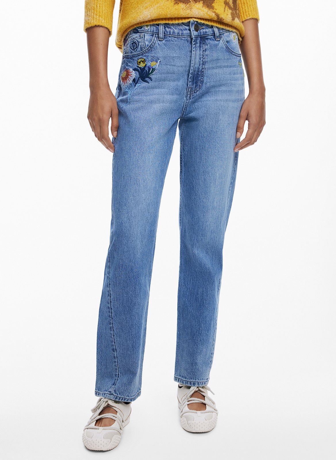 Jean droit uni à broderie DESIGUAL Bleu