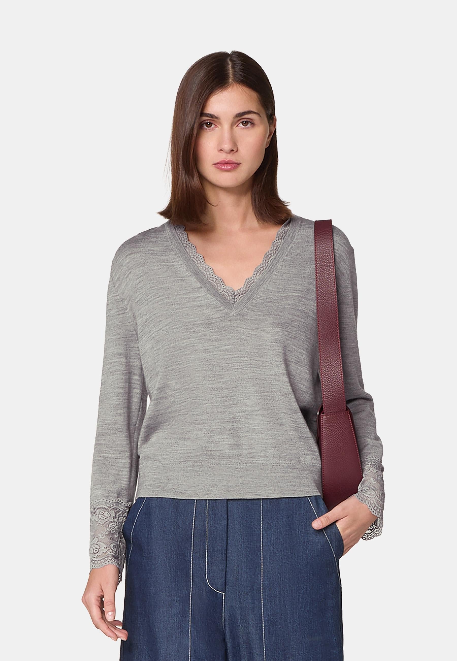 V-neck wool sweater with lace trim RODIER Grey