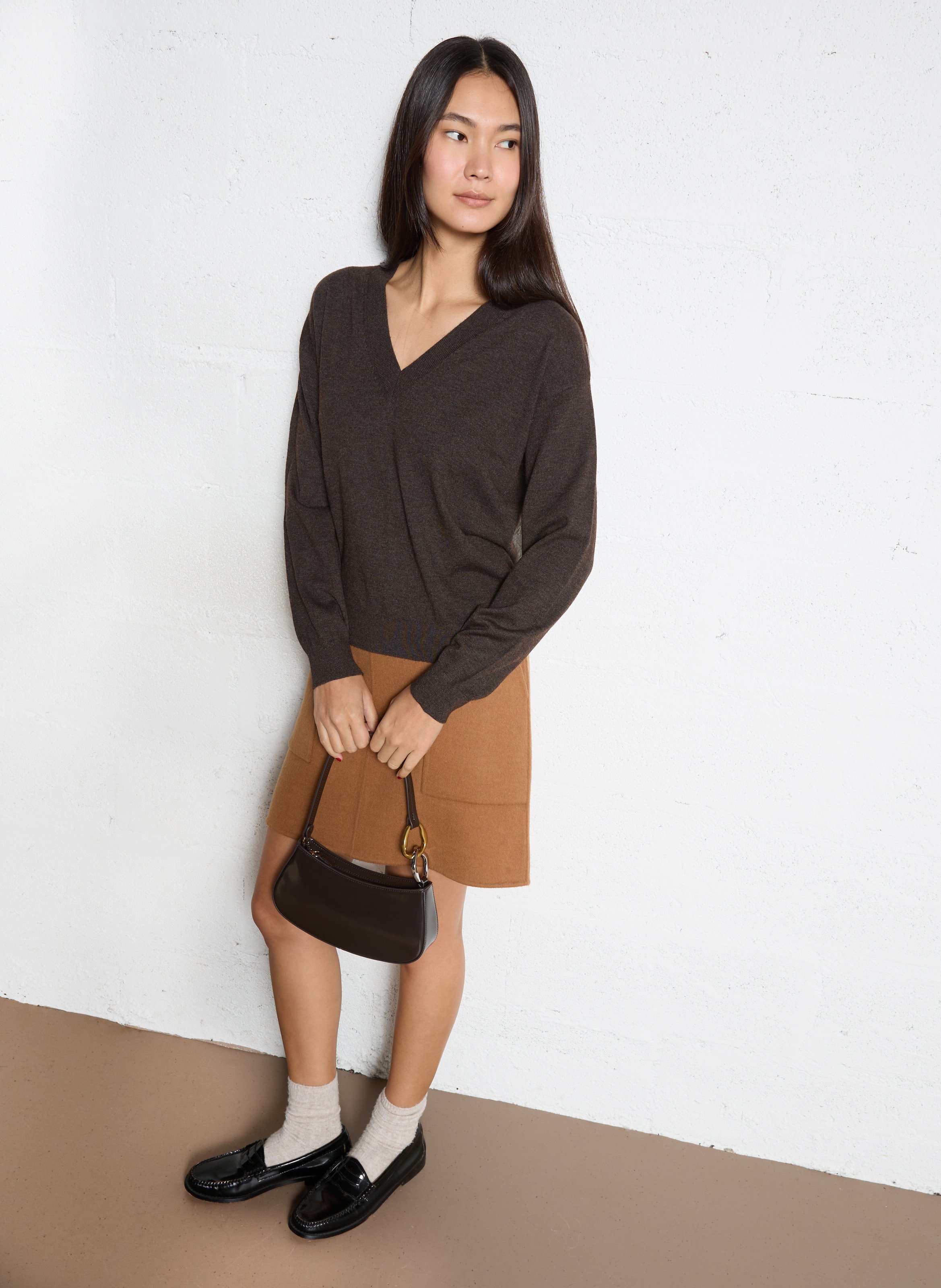 Sac baguette zippé en cuir STAUD Marron