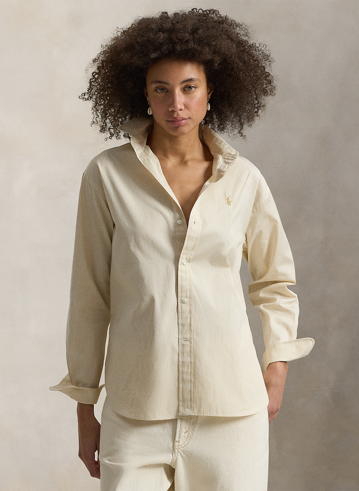 Overhemd met wijde pasvorm en klassieke kraag in gestreept katoenmix POLO RALPH LAUREN Beige