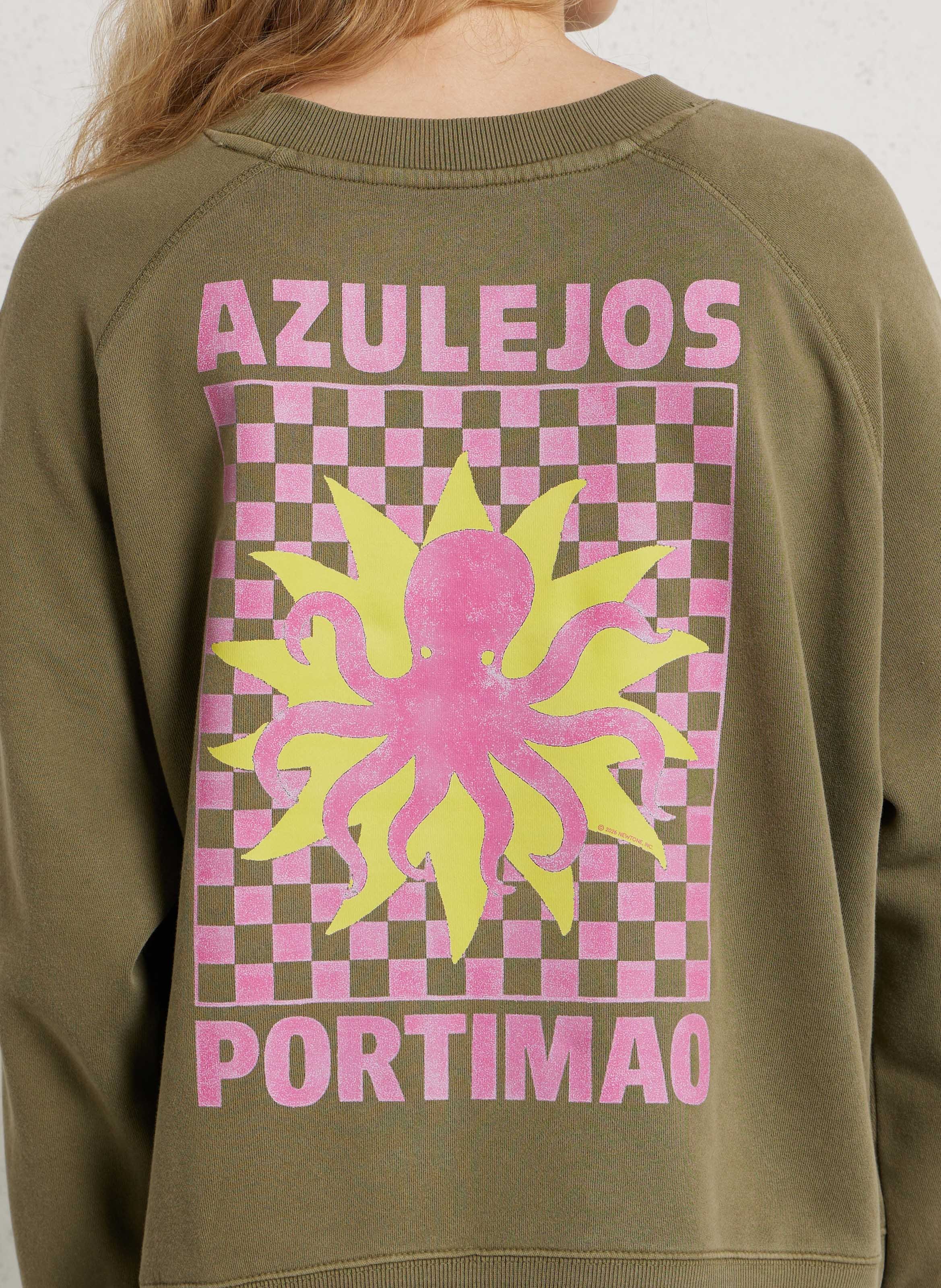 Loose-fit round-neck cotton sweatshirt with screen print NEWTONE Khaki