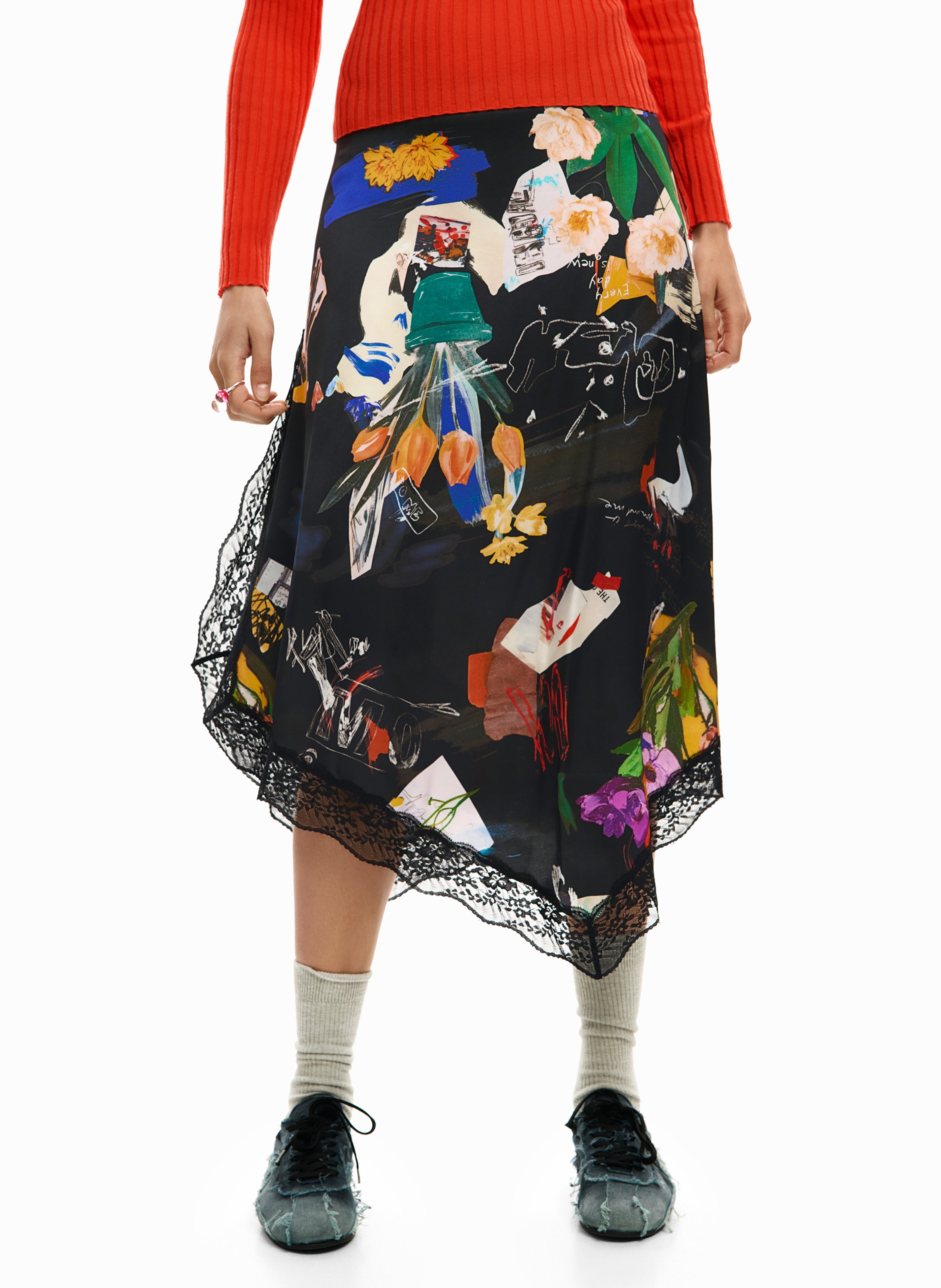 Jupe midi imprimée DESIGUAL Noir