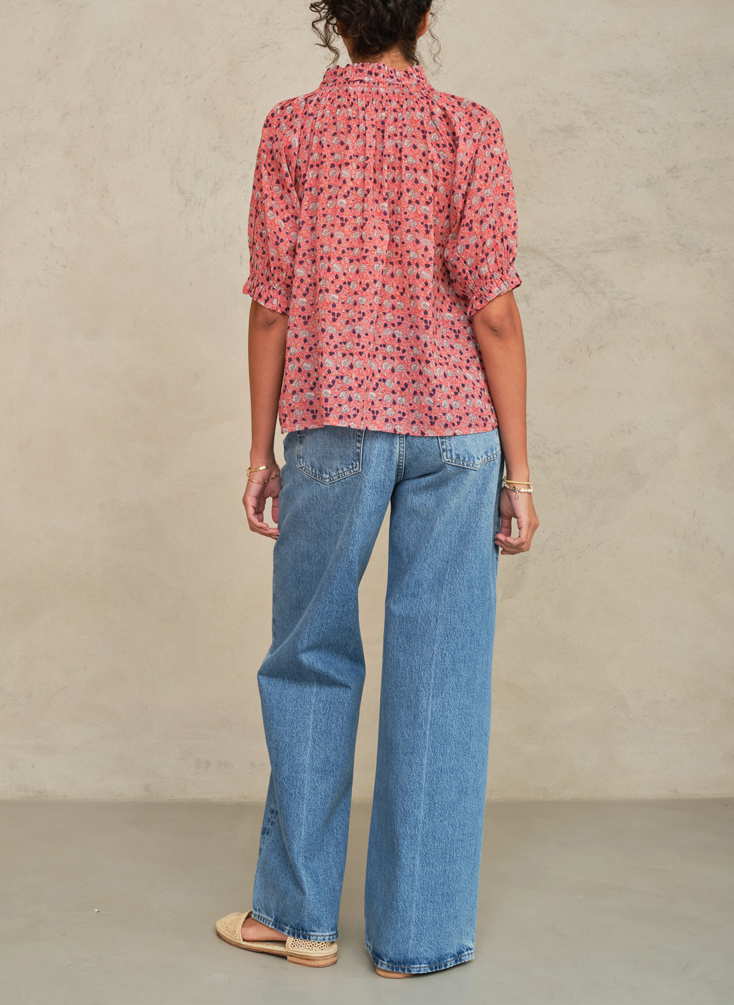 Blouse droite col V en coton imprimé M.A.B.E Rose