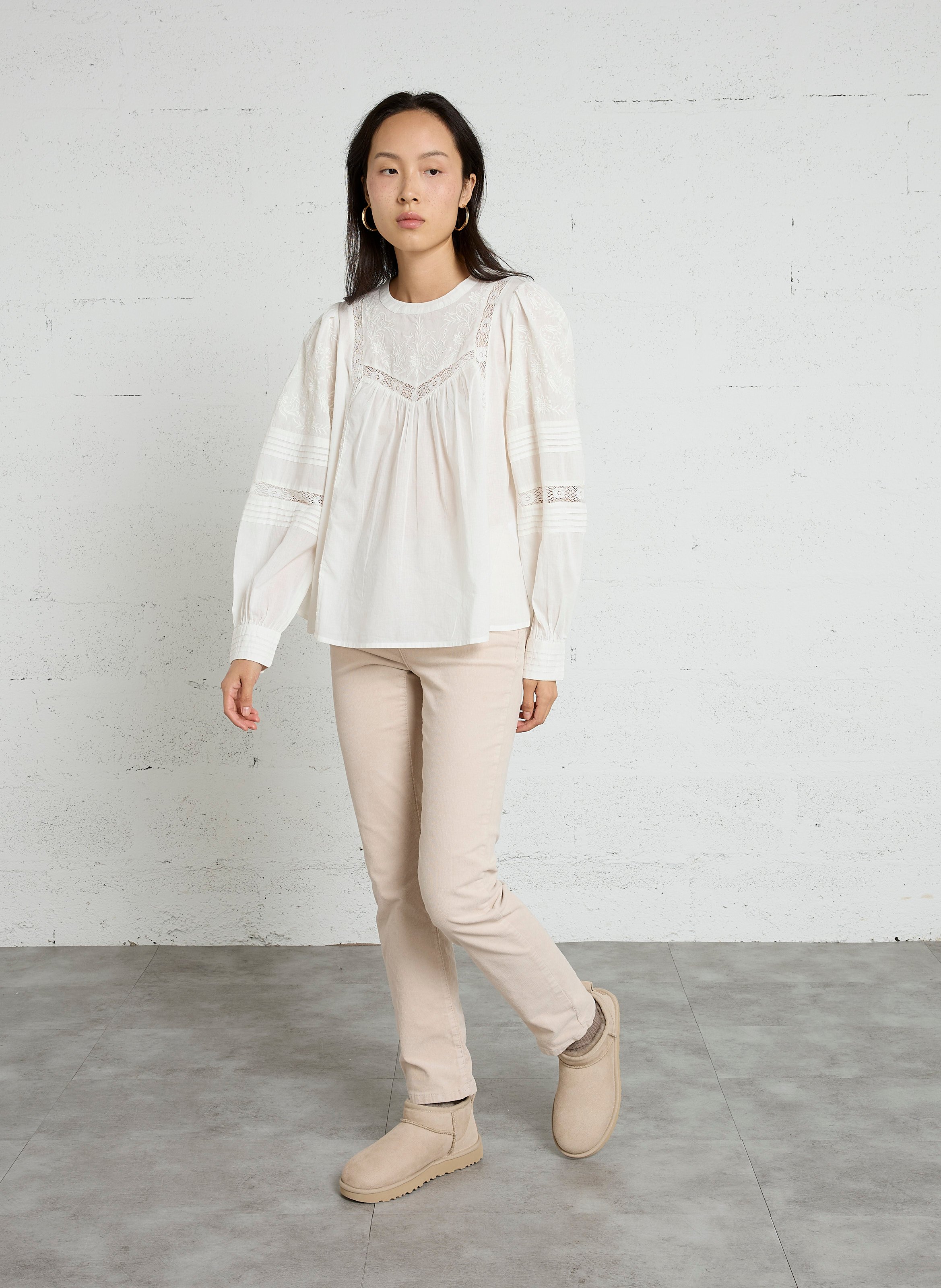 Blouse droite col rond à dentelle en coton SUD EXPRESS Blanc