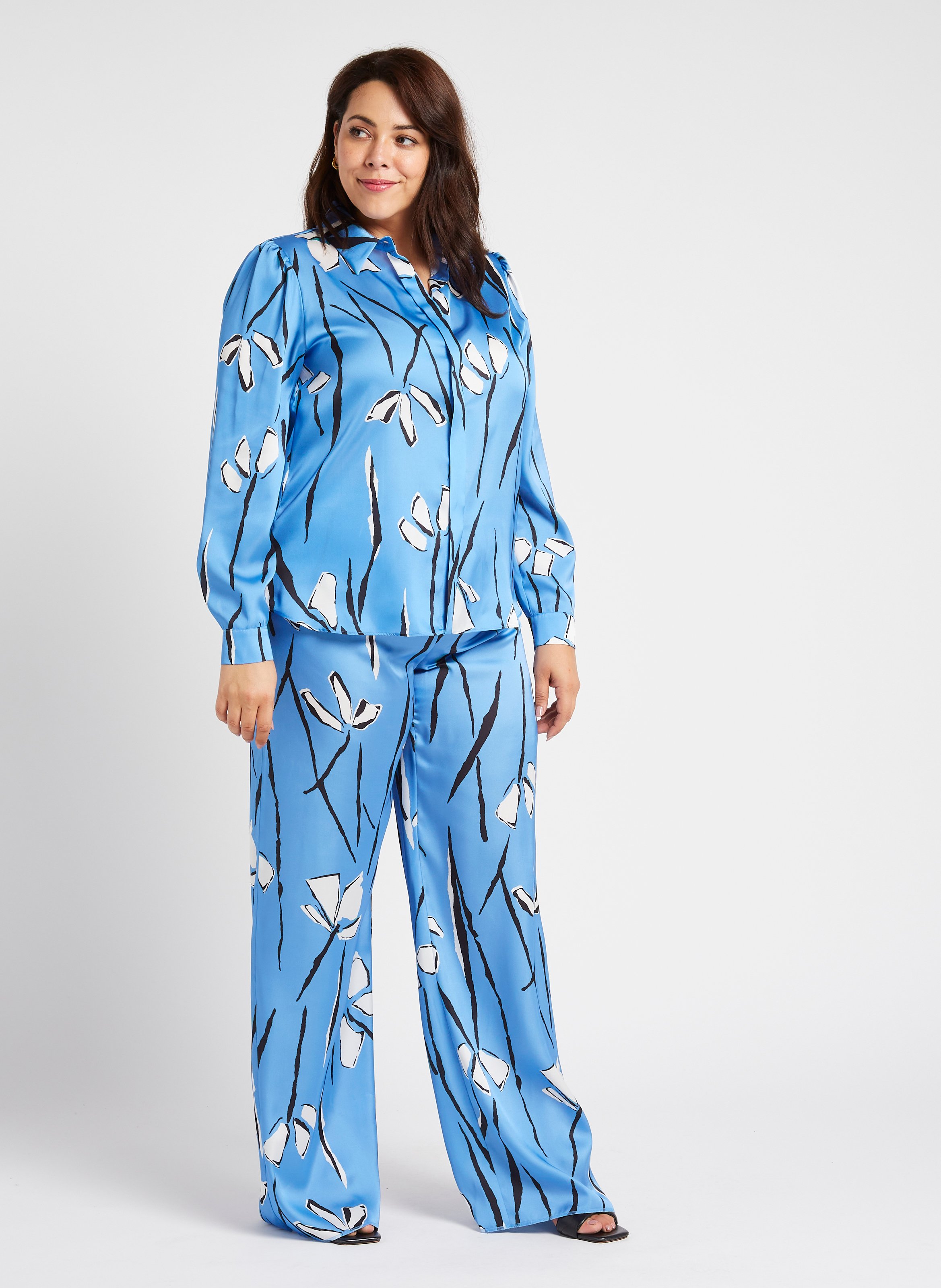 Straight satiny floral print shirt with classic collar PERSONA by Marina Rinaldi Blue