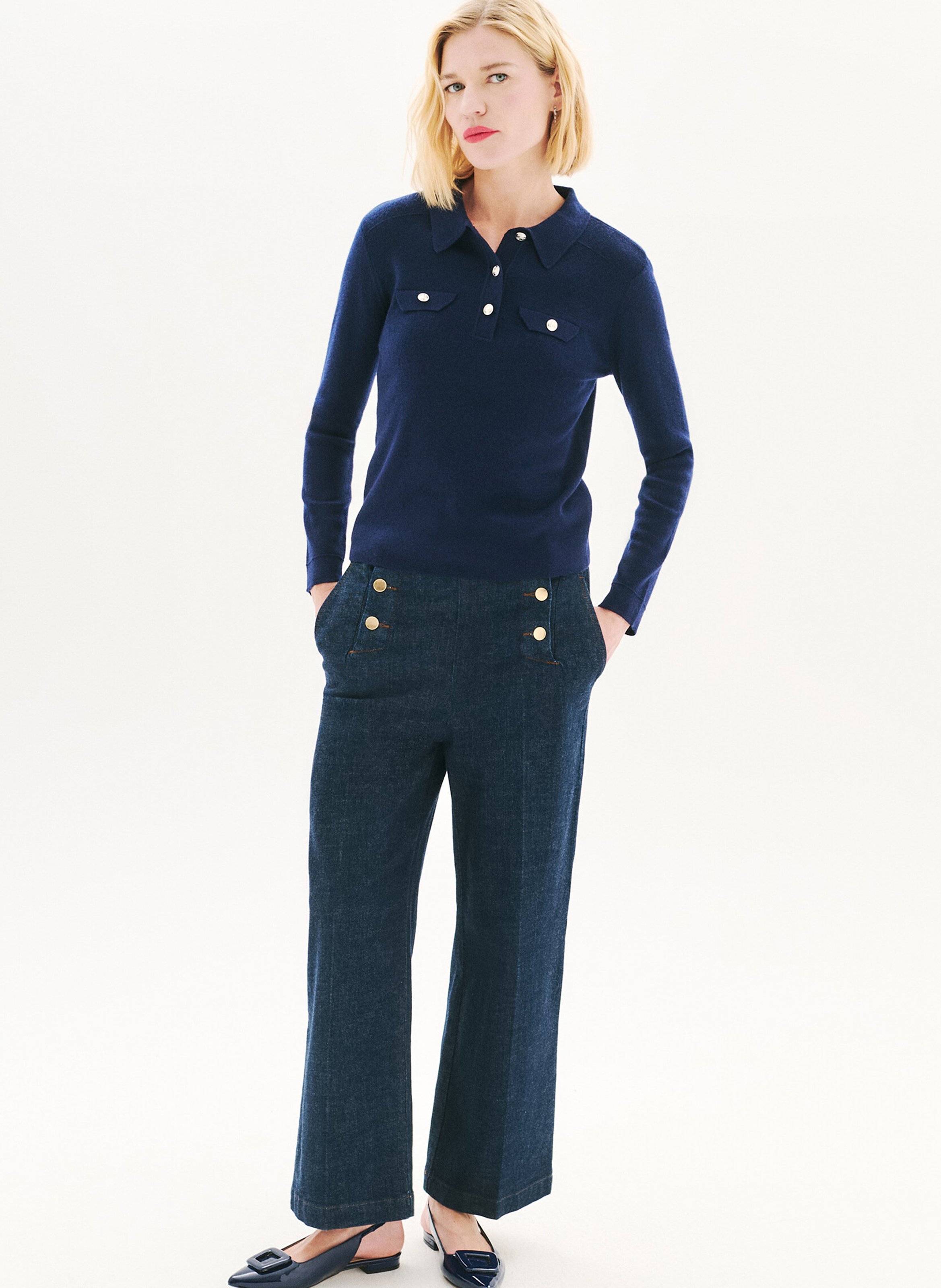 Pull moulant col polo en laine mélangée CAROLL Bleu