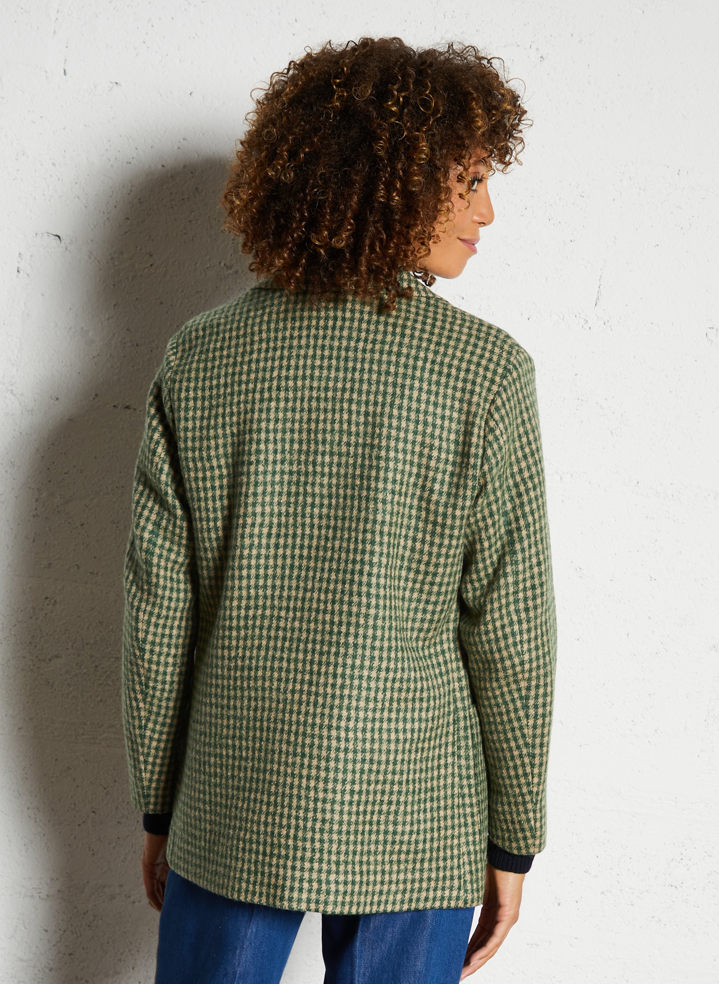 Veste droite col tailleur à carreaux en laine DIEGA Beige