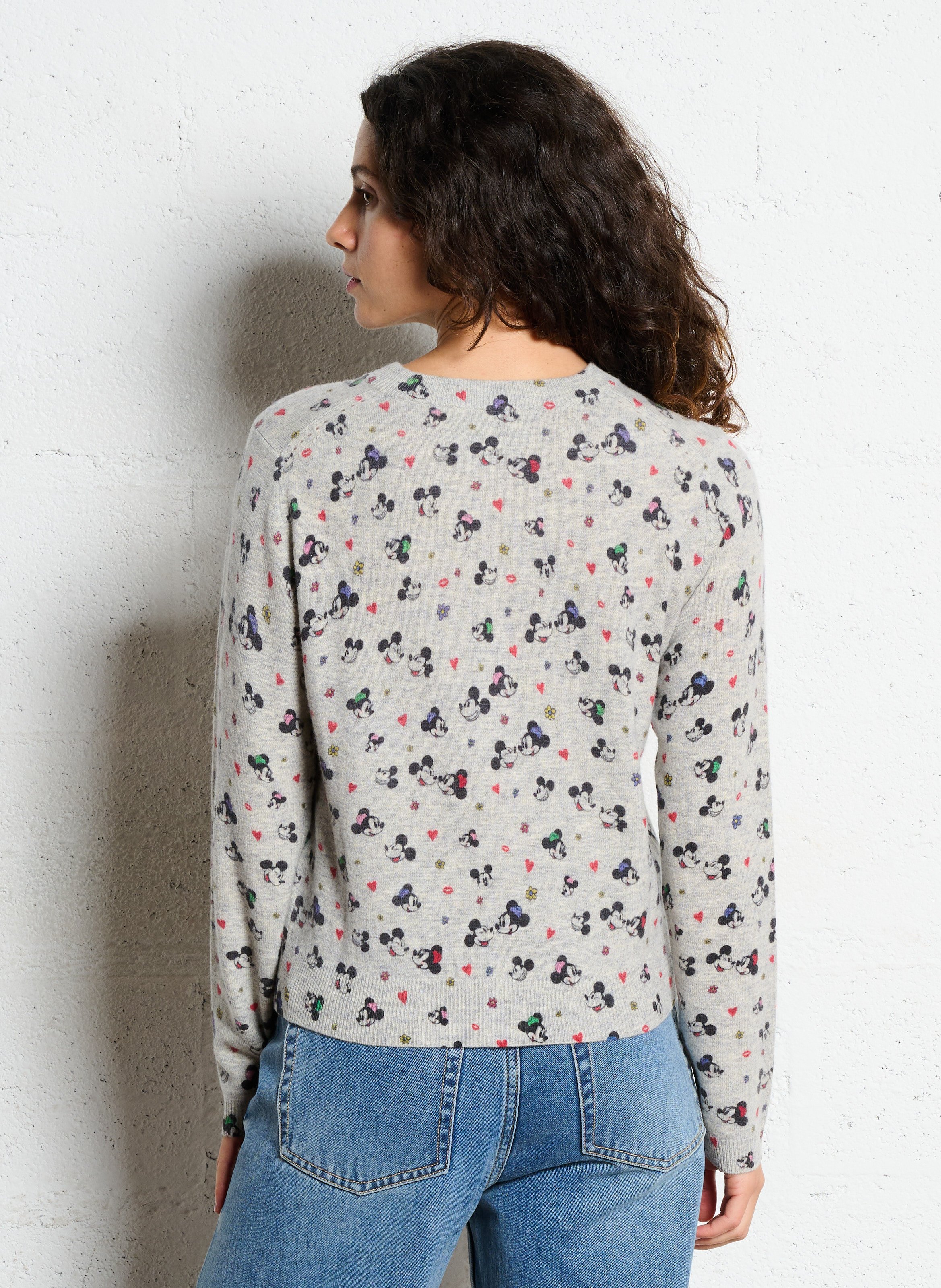 Gilet droit col rond motif cartoon en laine mérinos BERENICE Gris