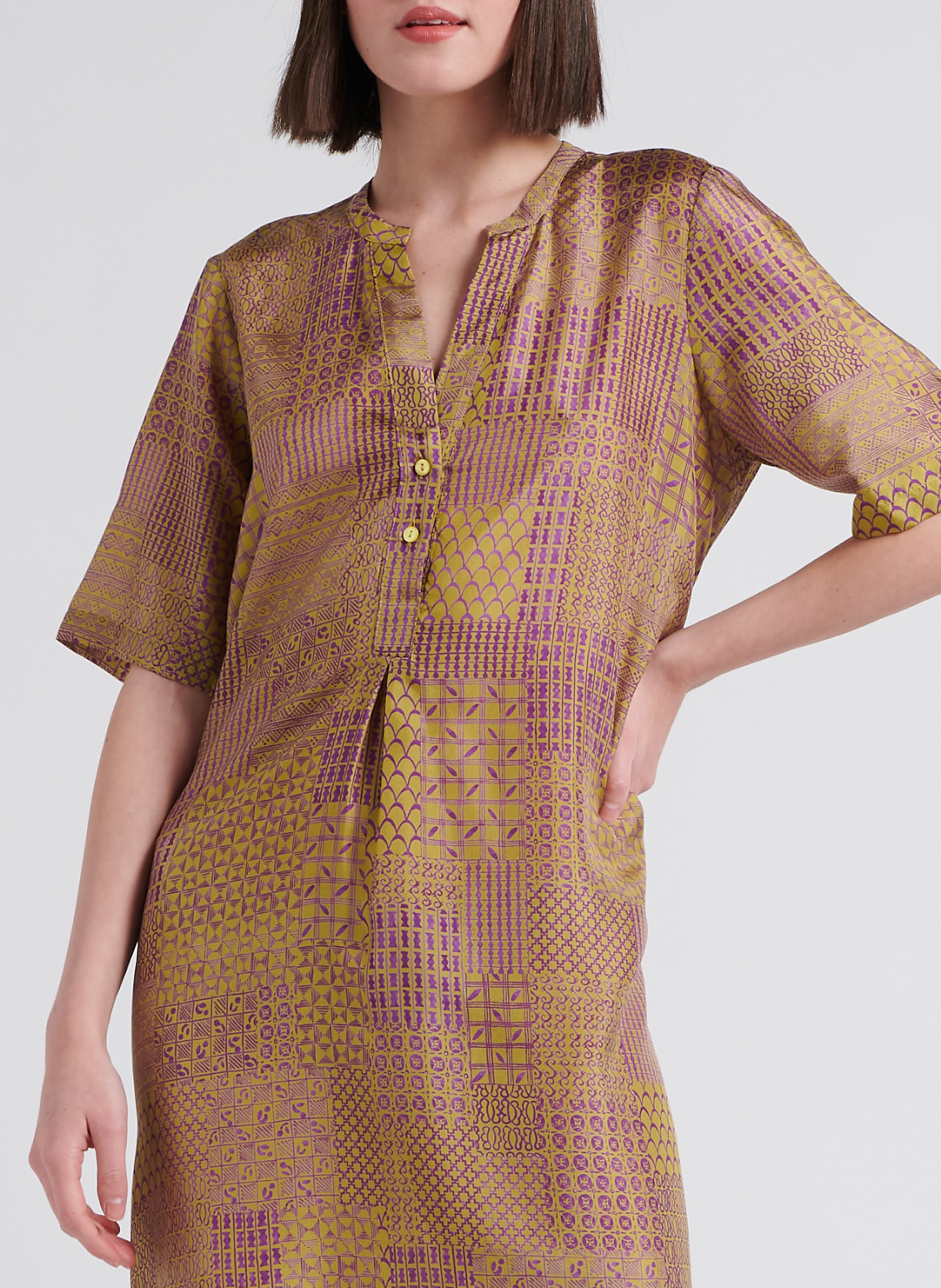 V-neck printed silk midi dress MOMONI Brown