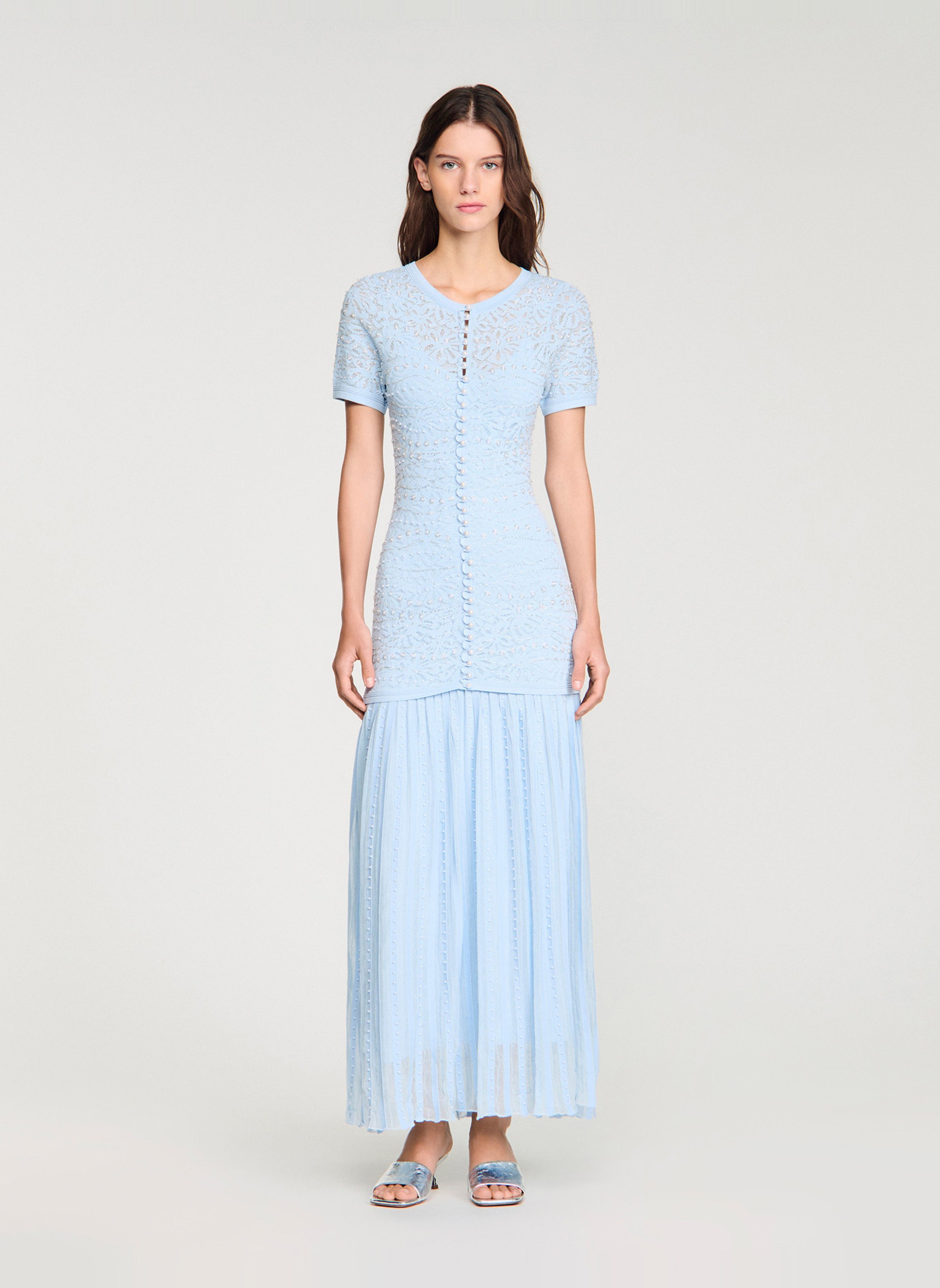 Robe longue col rond en maille SANDRO Bleu