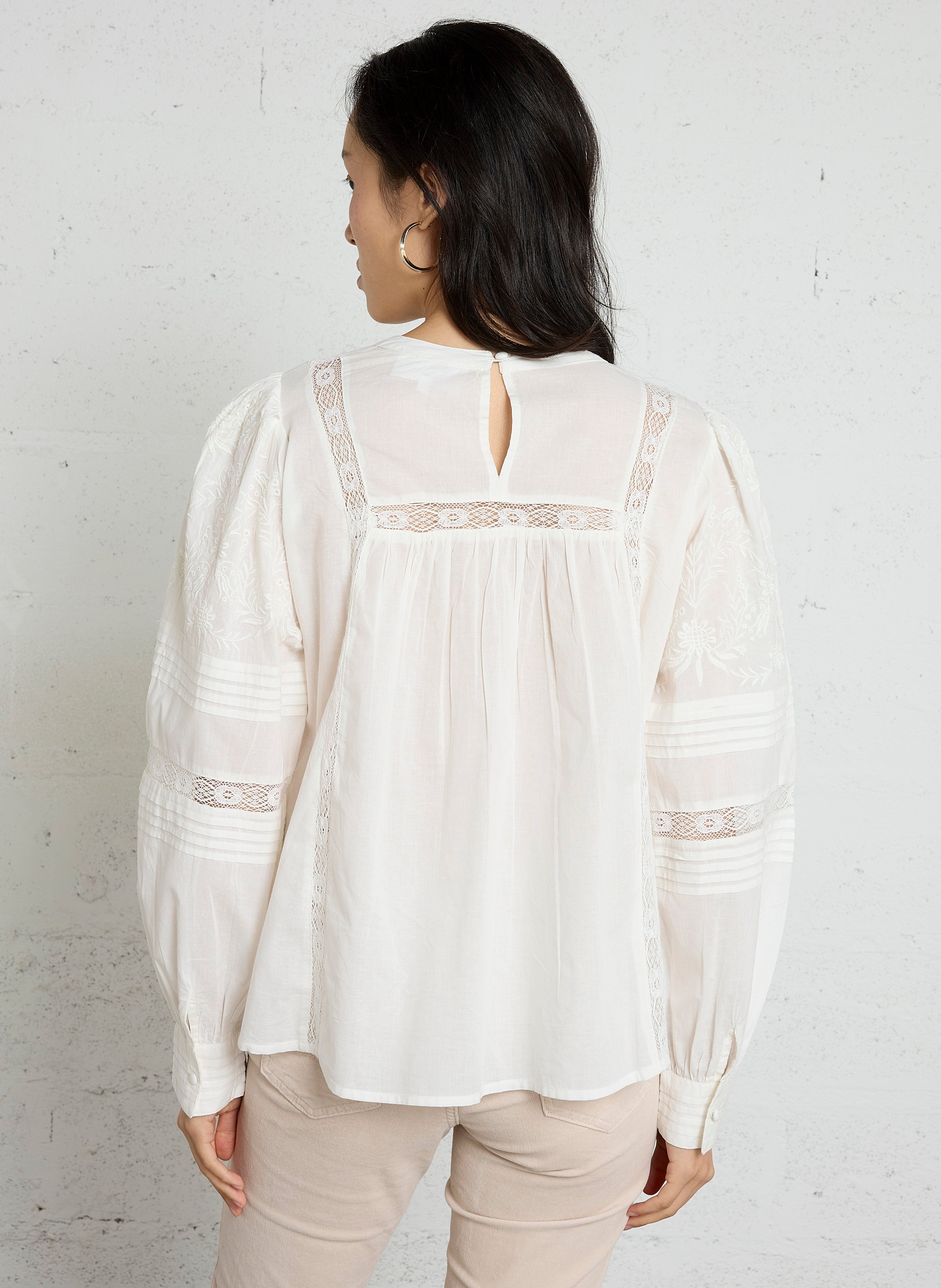 Blouse droite col rond à dentelle en coton SUD EXPRESS Blanc