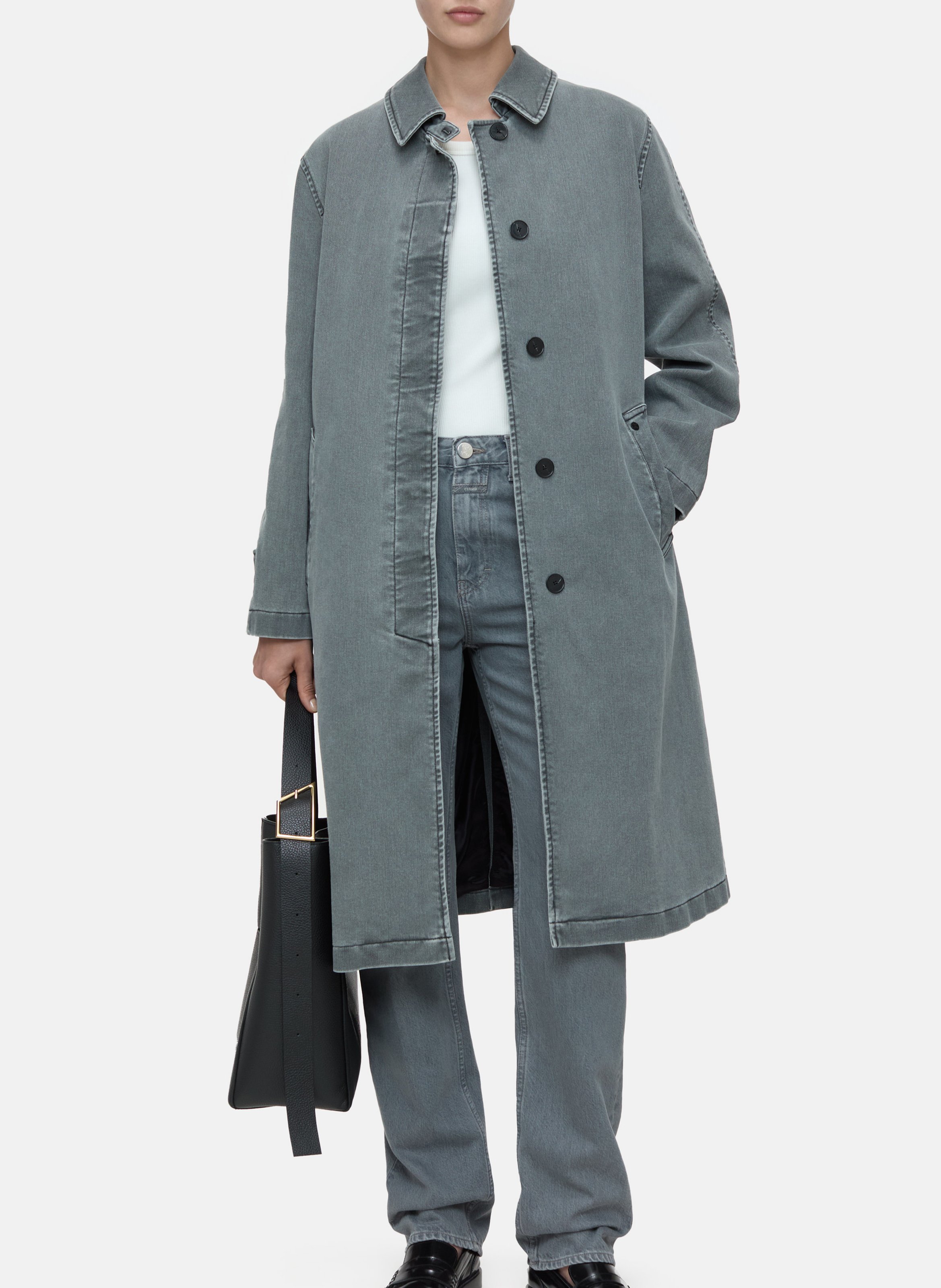 Grey Long straight coat with classic collar in blended cotton