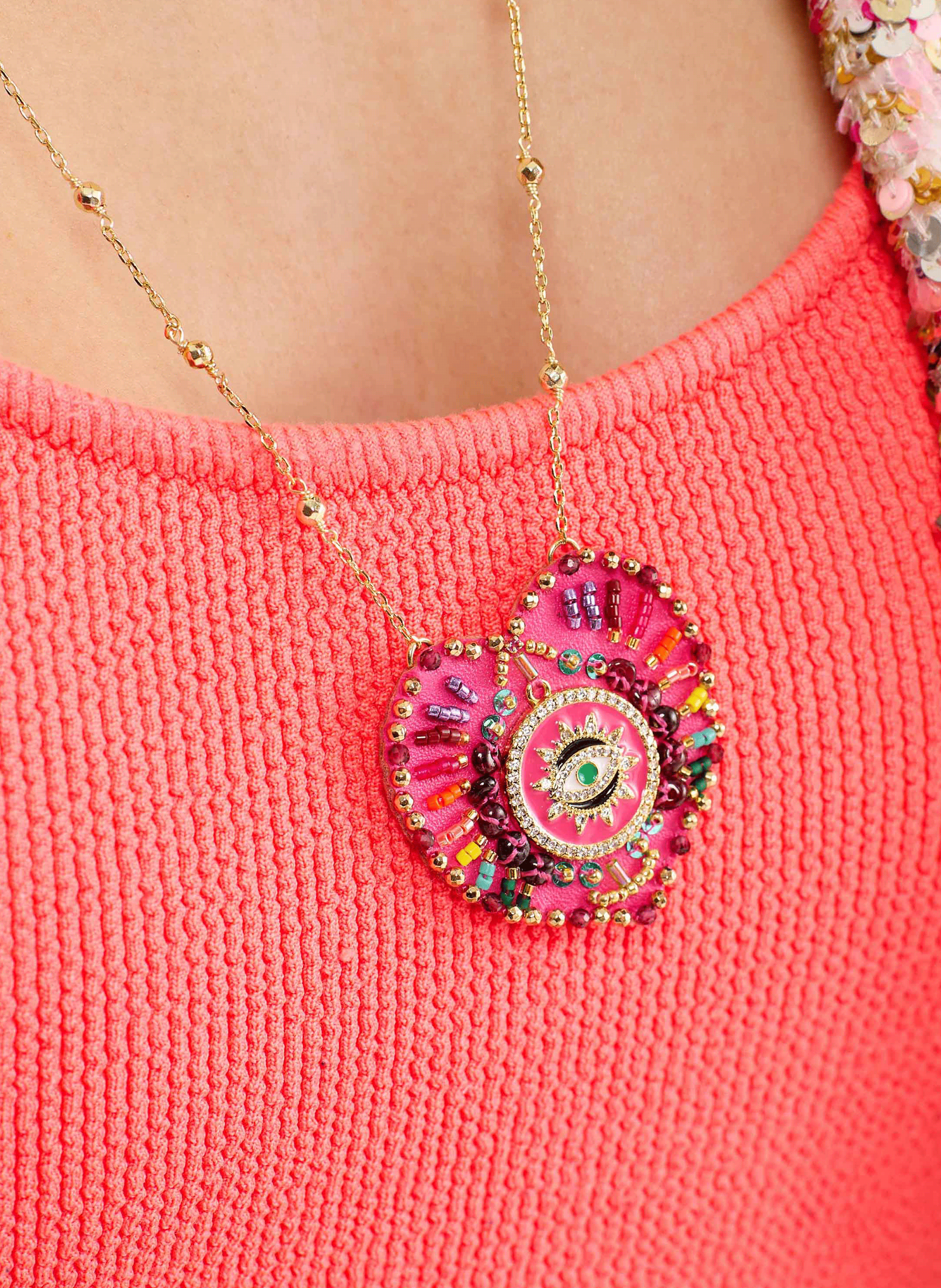 Chain necklace with central charm with pearls HIPANEMA Pink