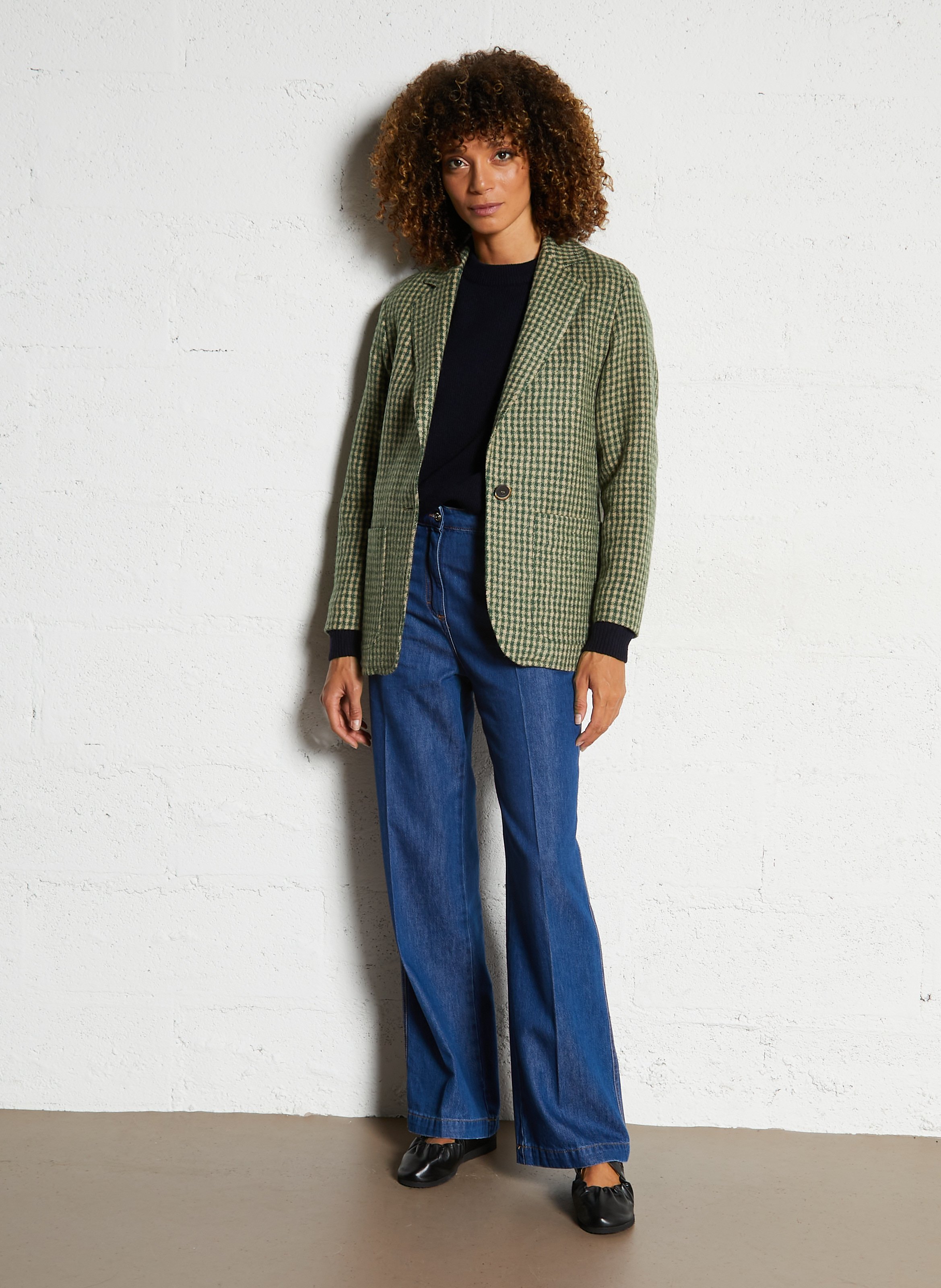 Veste droite col tailleur à carreaux en laine DIEGA Beige