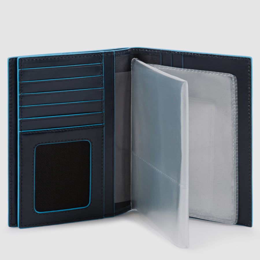 Passport holder with removable document holder, credit card slots, and RFID anti-fraud protection. PIQUADRO Blue