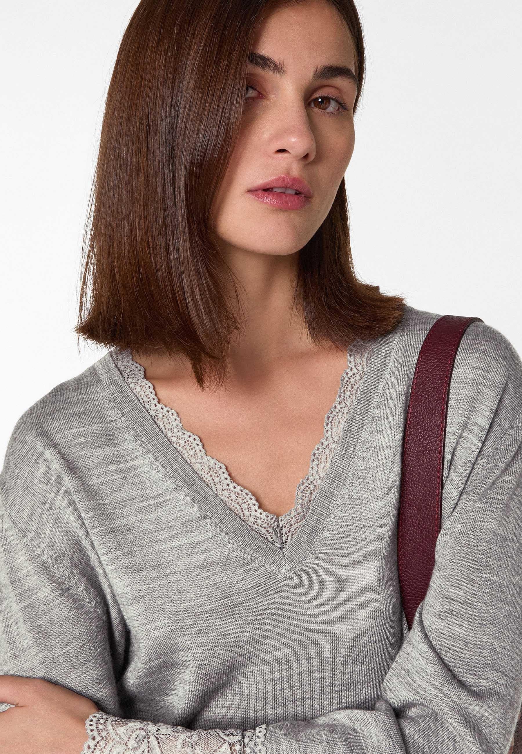V-neck wool sweater with lace trim RODIER Grey