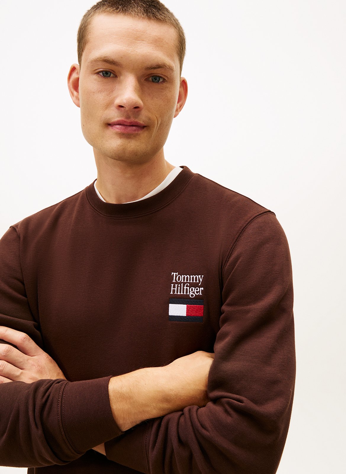 Sweat droit uni à broderie poitrine TOMMY HILFIGER Marron
