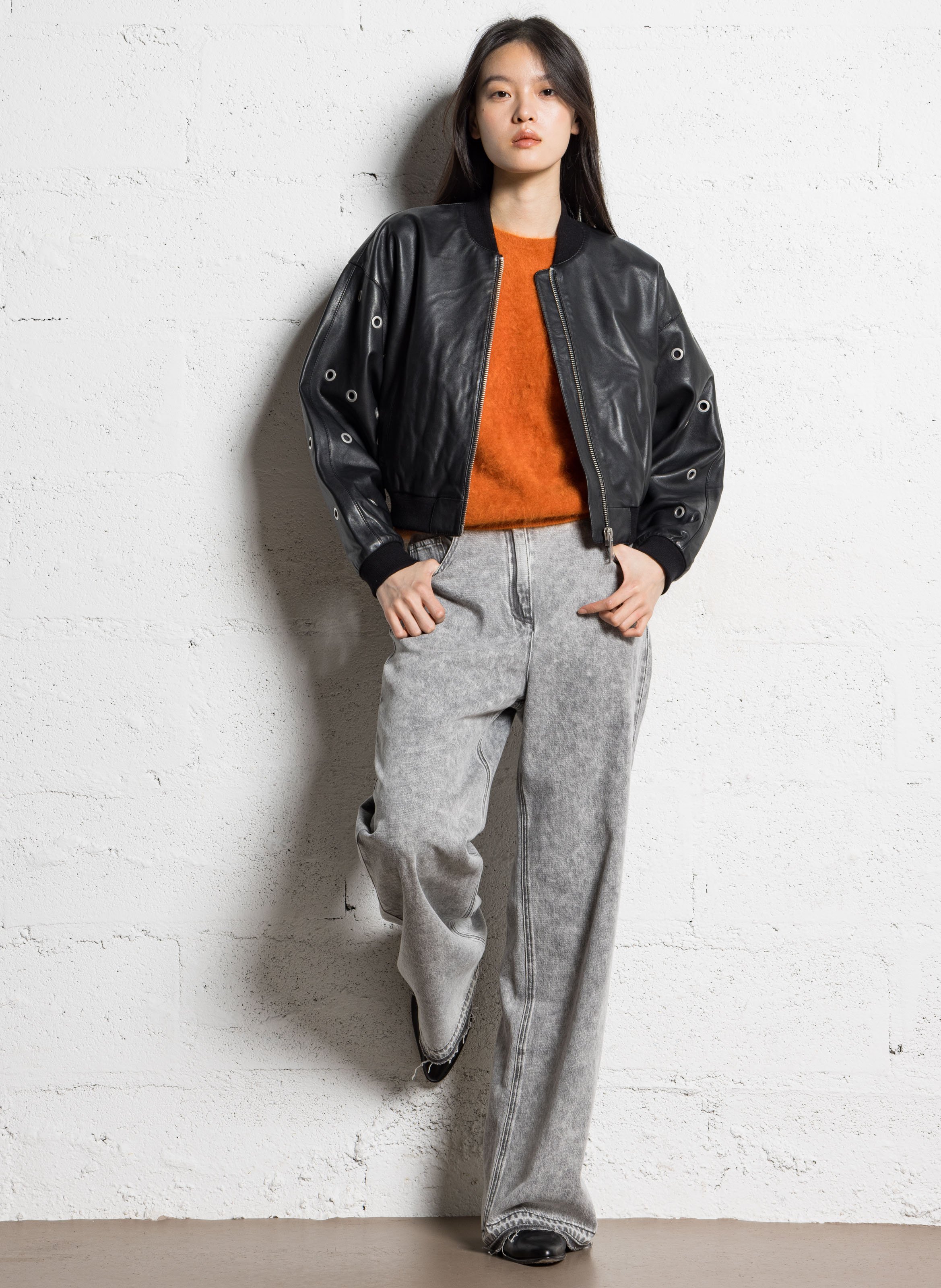 Straight leather teddy collar jacket IKKS Black