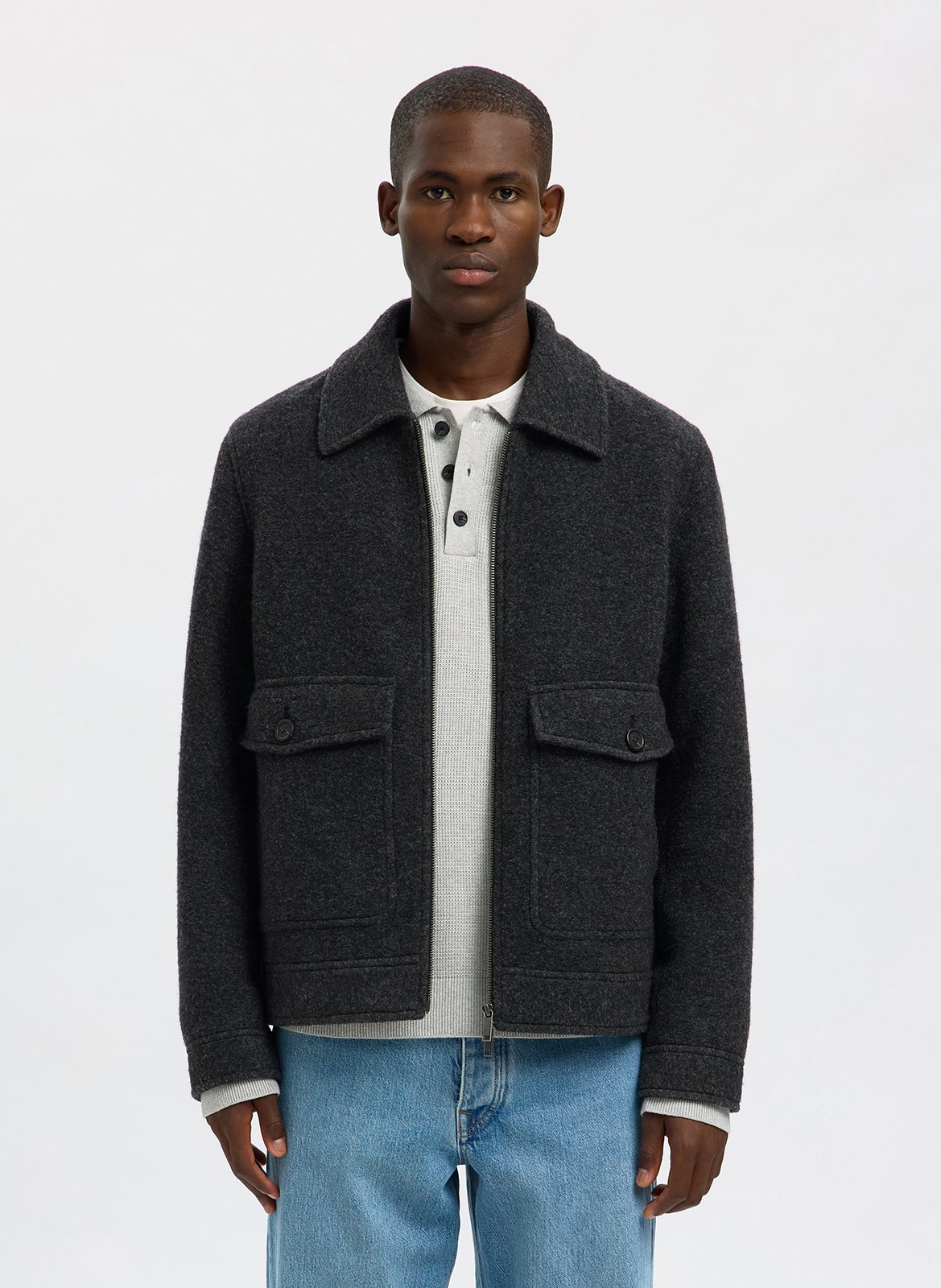 Gerade geschnittene Jacke aus Wollmix mit klassischem Kragen SELECTED Grau