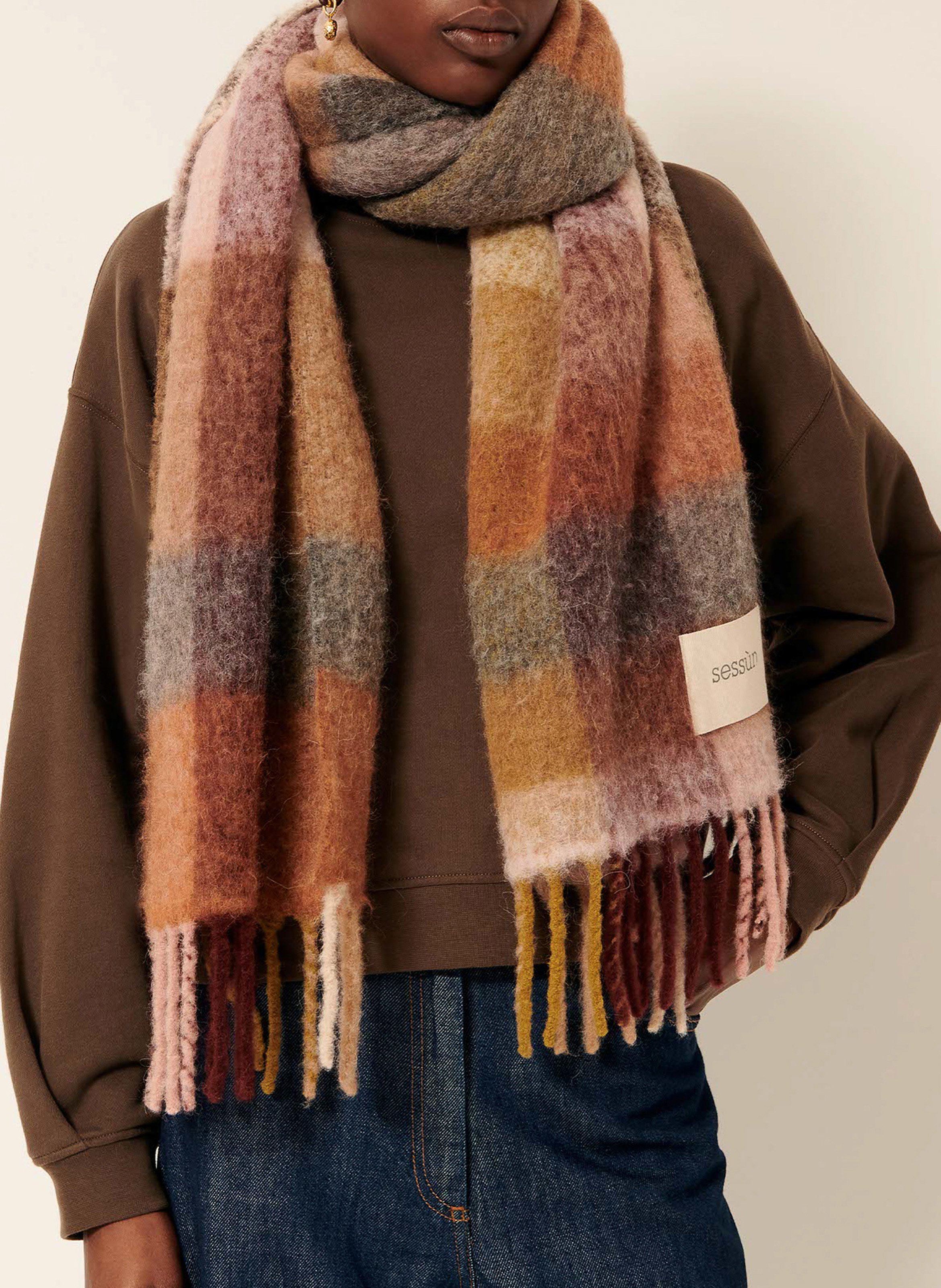 Fringed checkered wool blend scarf SESSUN Blue