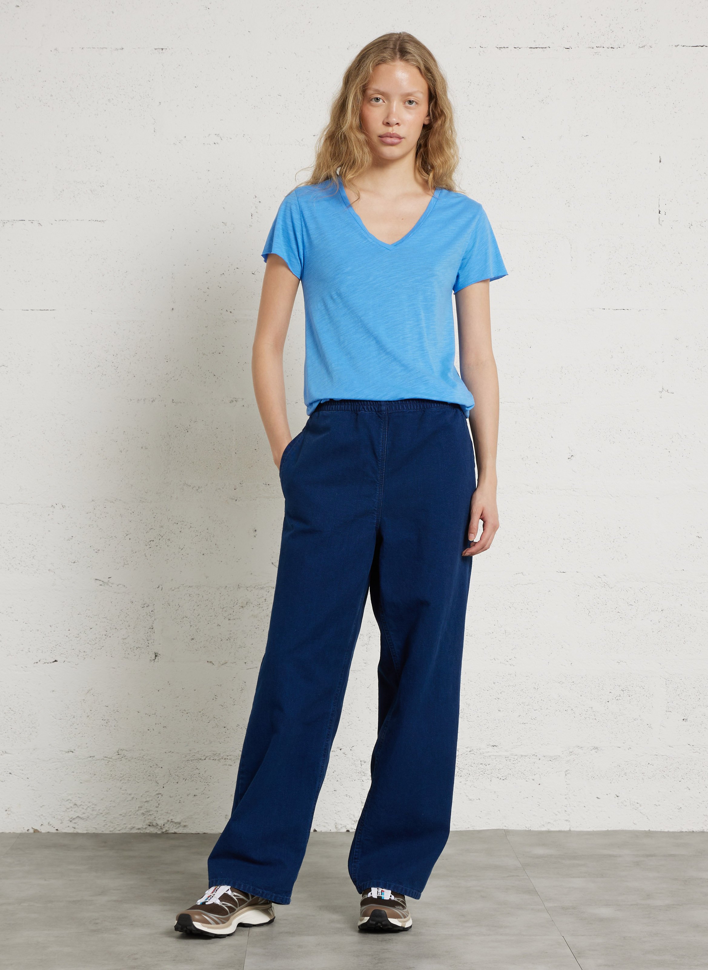 Tee-shirt droit col V en coton mélangé AMERICAN VINTAGE Bleu