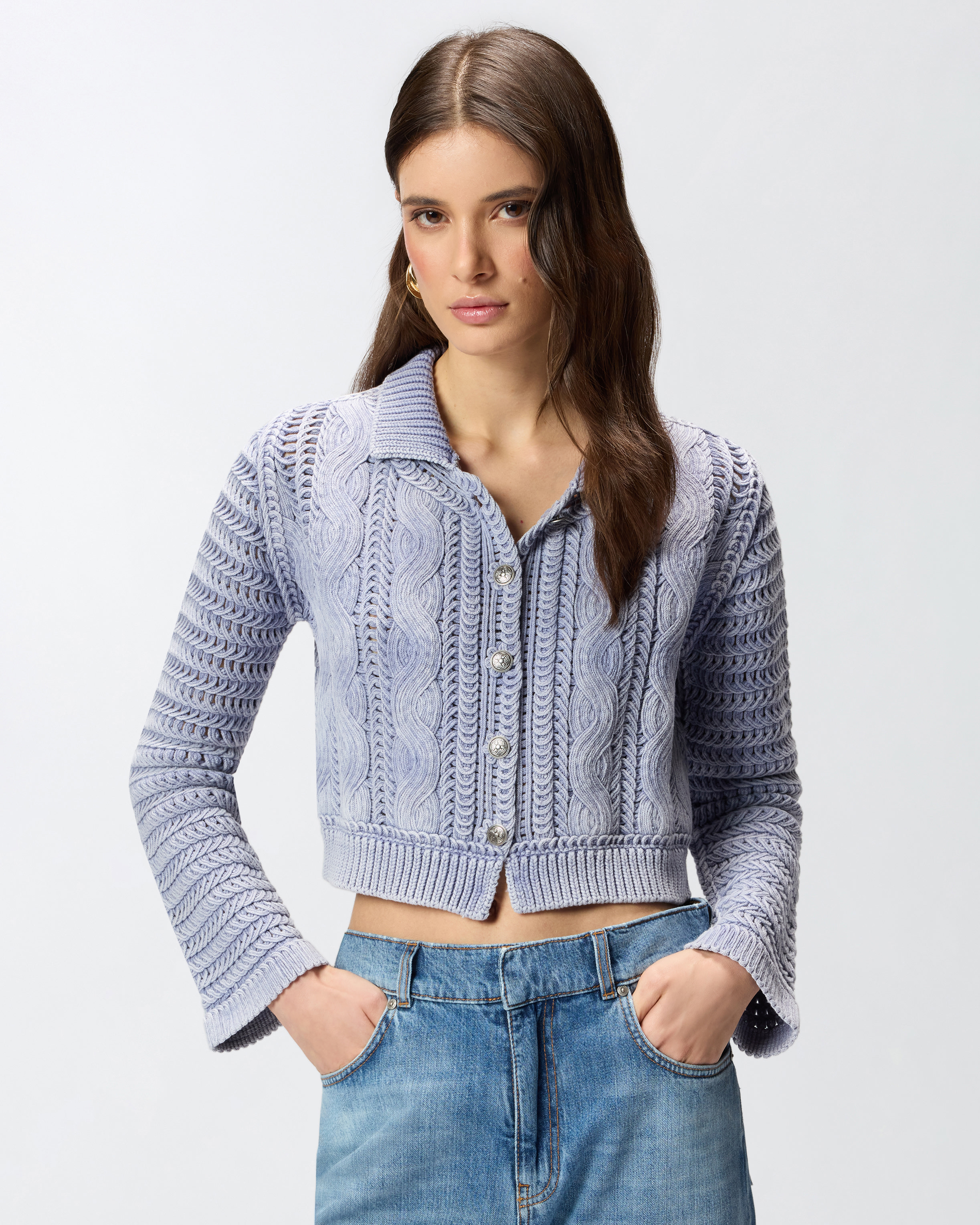 Cardigan cropped en grosse maille et torsades PINKO Violet