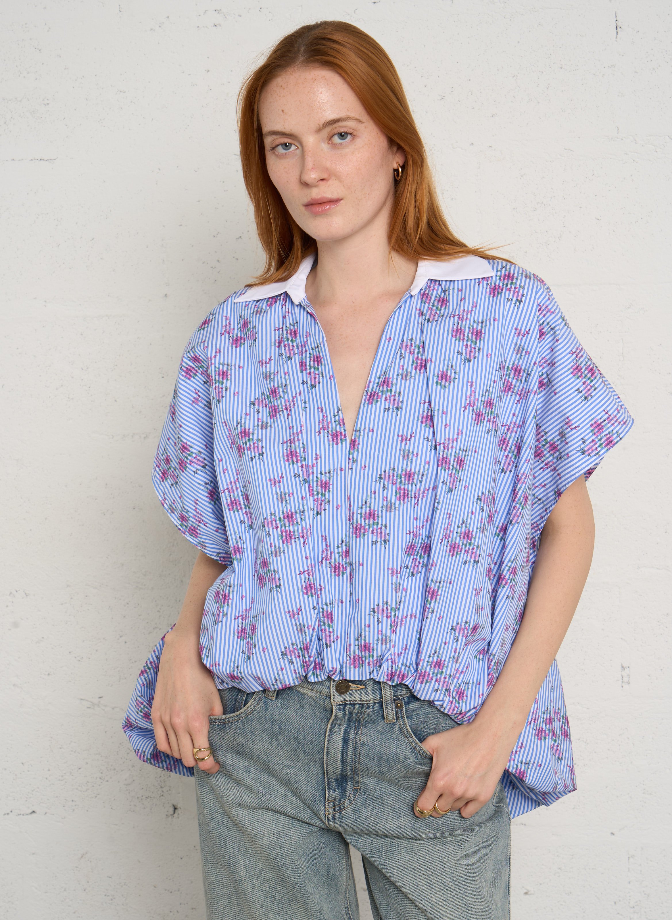 Asymmetrical printed cotton blouse IMPERIAL Blue