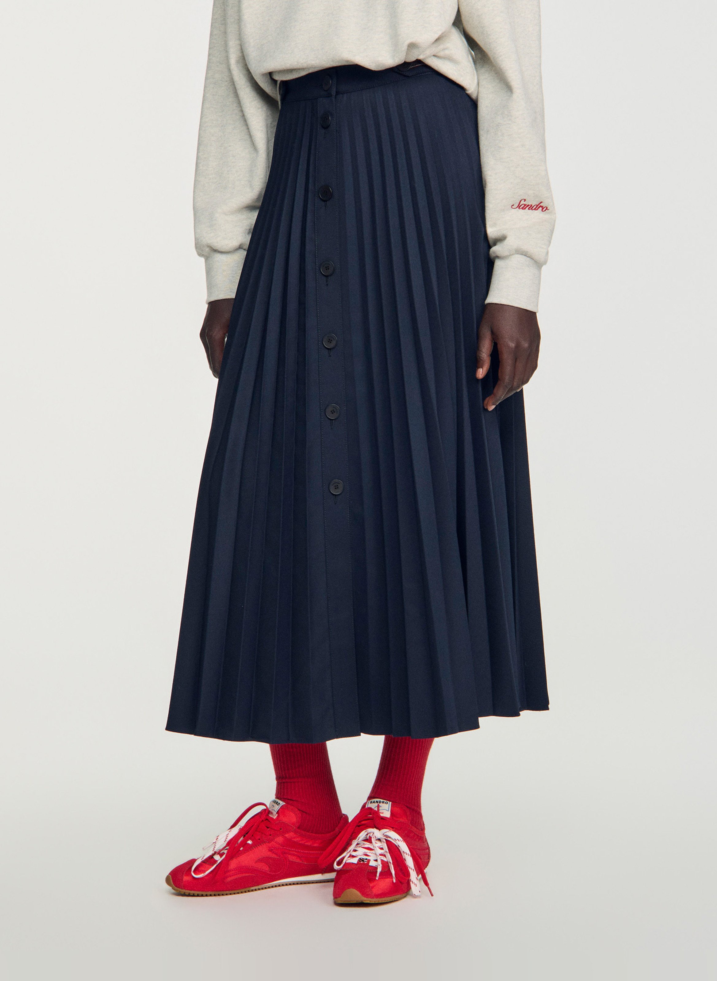 Jupe midi évasée plissée SANDRO Bleu