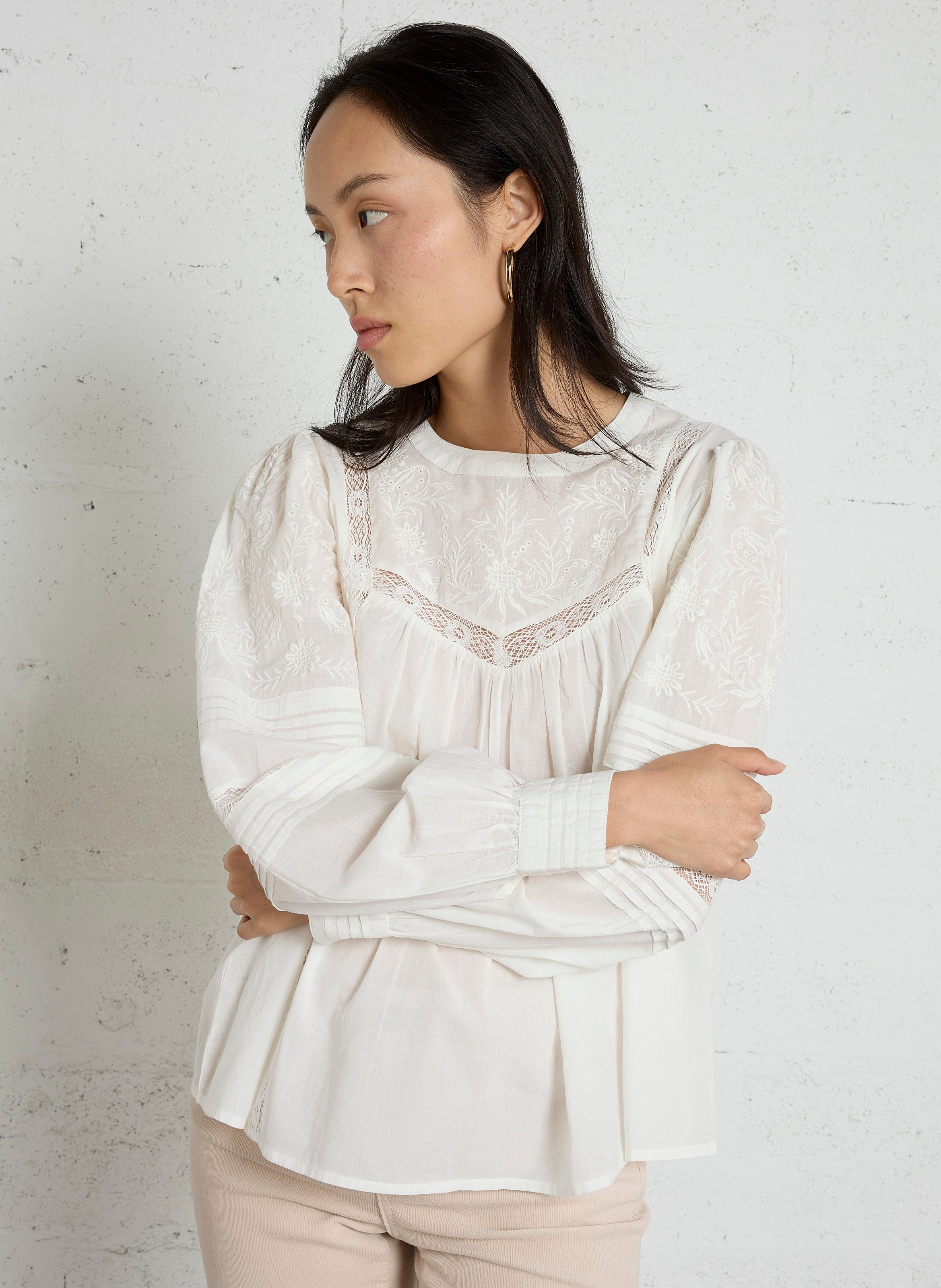 Blouse droite col rond à dentelle en coton SUD EXPRESS