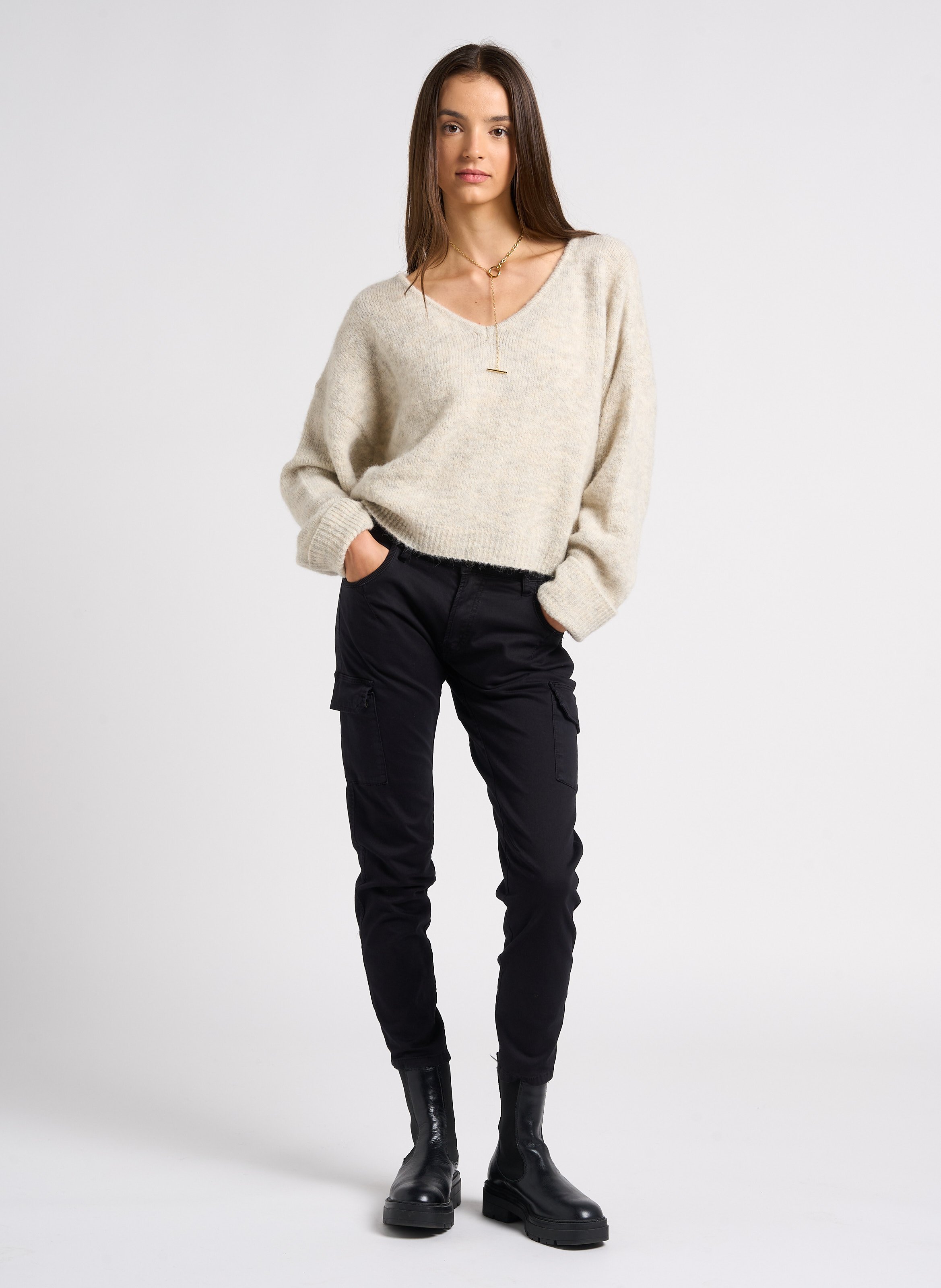 Pull col V en alpaga mélangé AMERICAN VINTAGE Beige