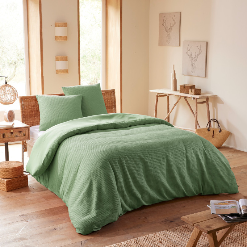 Honeycomb duvet cover set 260 x 240 for king size bed 160 to 180 cm COTON PUR Green