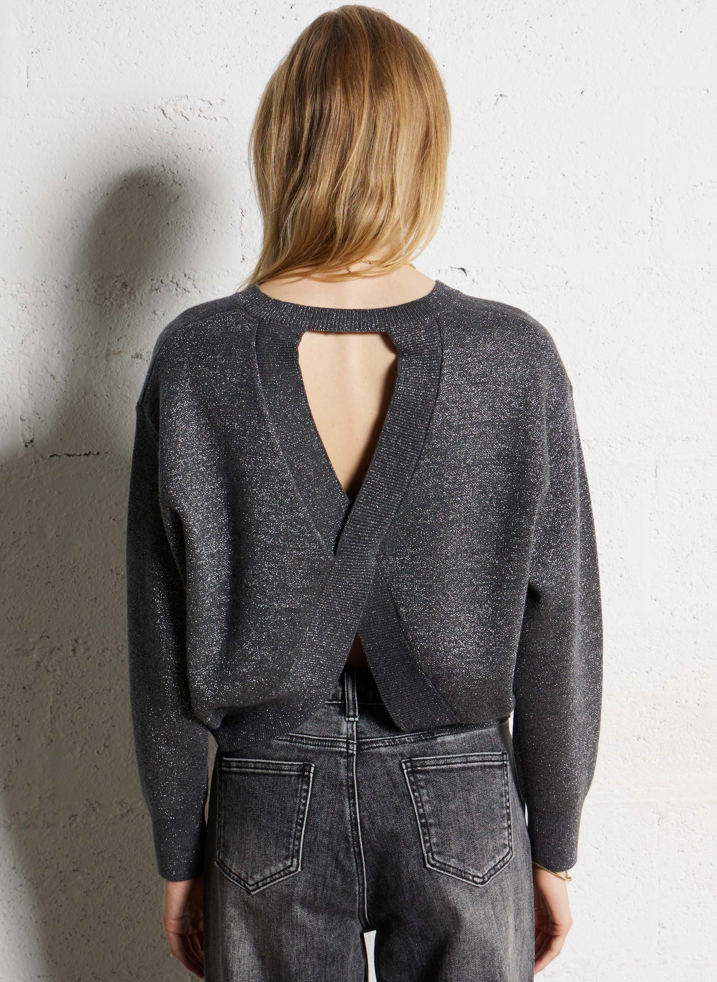 Glitzernder Oversized-Pullover mit offenem Rücken SUNCOO Schwarz