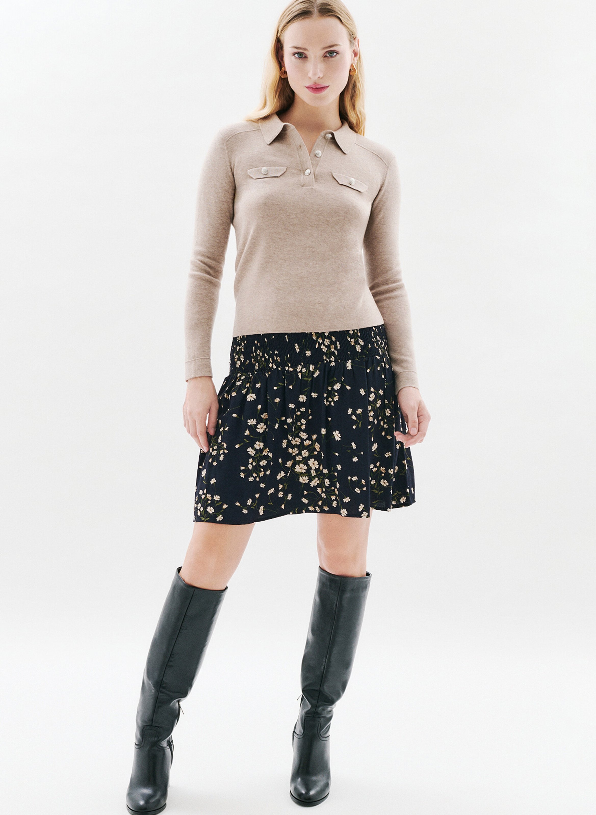 Pull moulant col polo en laine mélangée CAROLL Marron