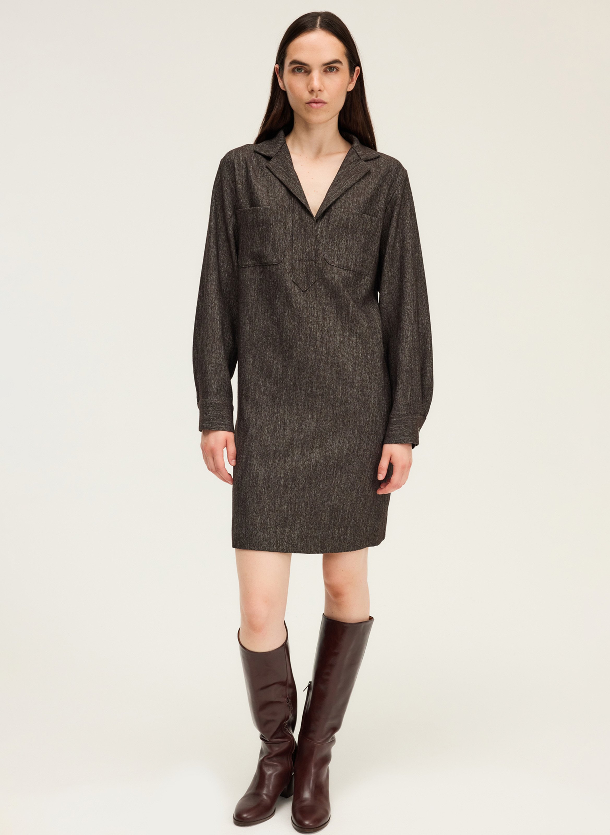 Short straight dress with tailored collar PABLO Brown