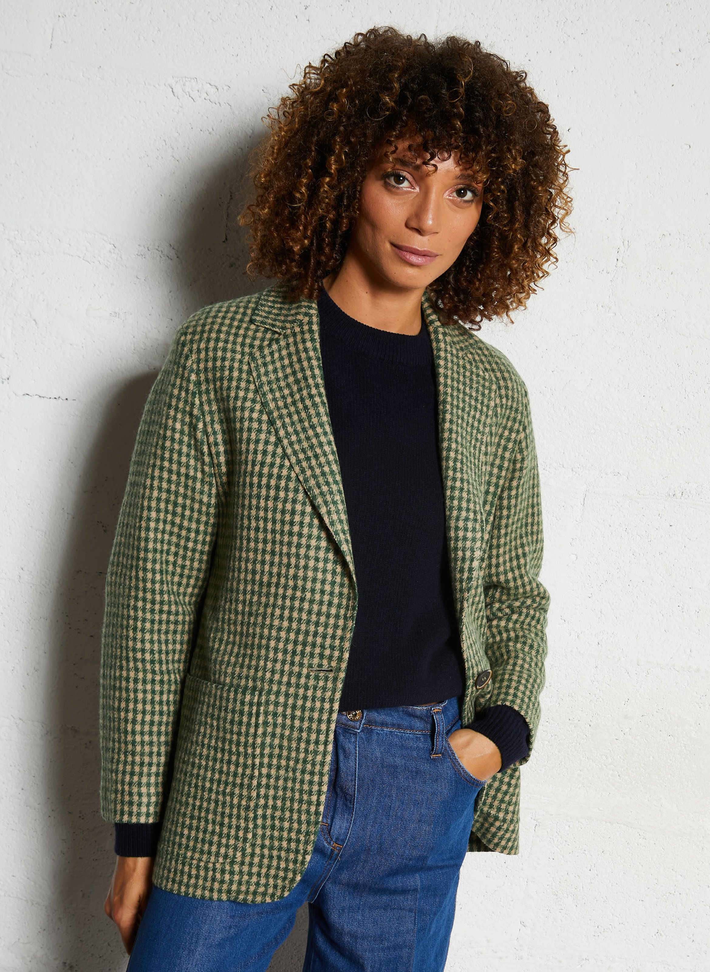 Veste droite col tailleur à carreaux en laine DIEGA Beige