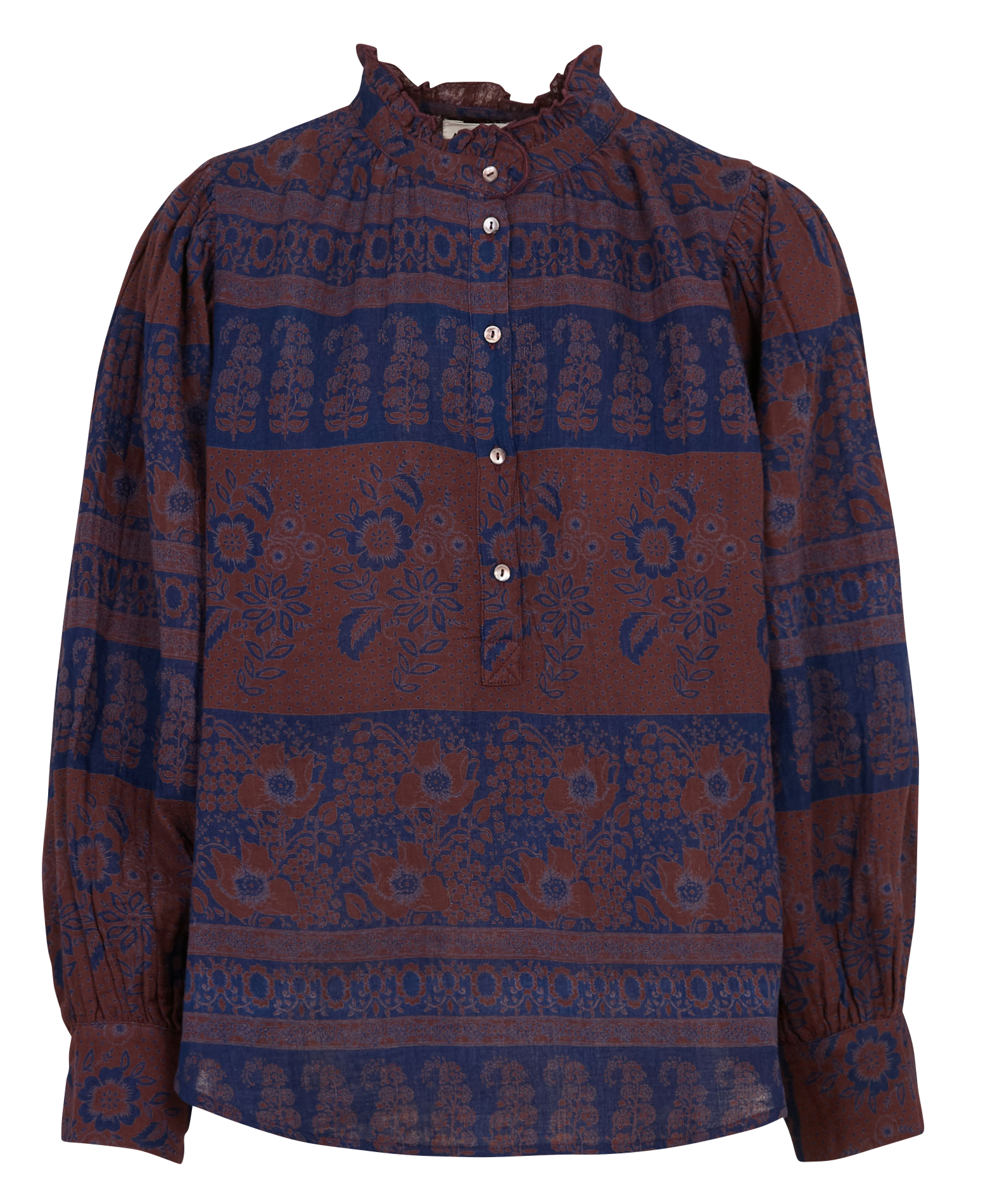 Bluse mit viktorianischem Kragen und bedrucktem Baumwollstoff ANTIK BATIK Pflaume