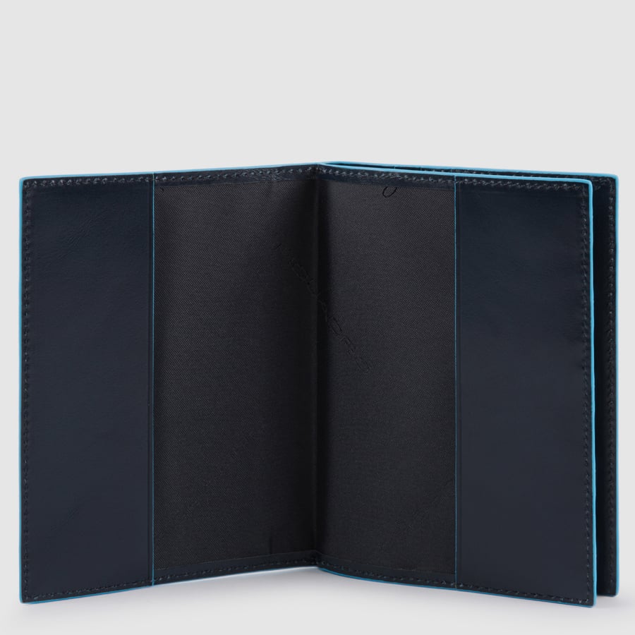 Passport holder with removable document holder, credit card slots, and RFID anti-fraud protection. PIQUADRO Blue