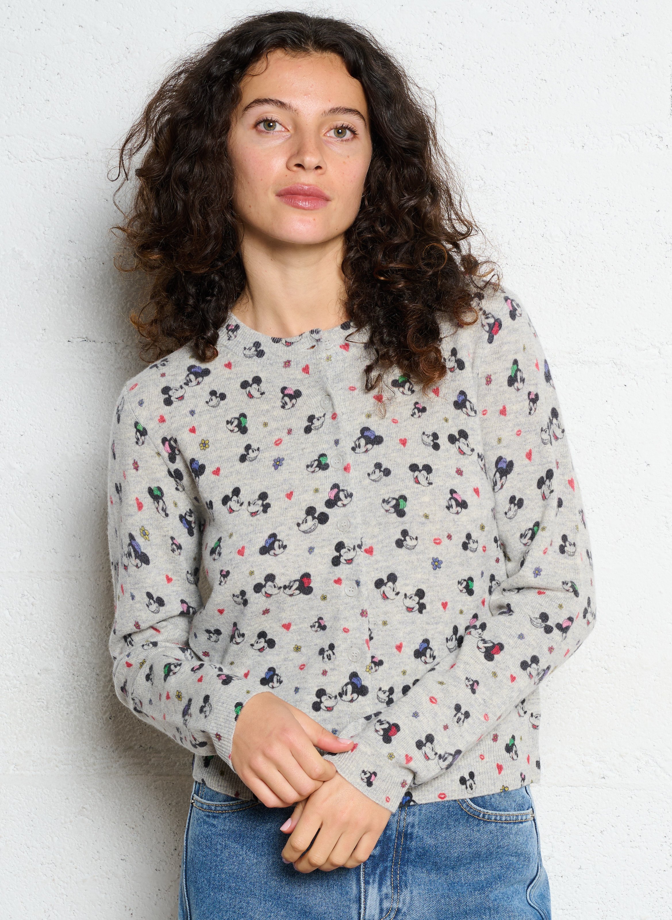 Gilet droit col rond motif cartoon en laine mérinos BERENICE Gris