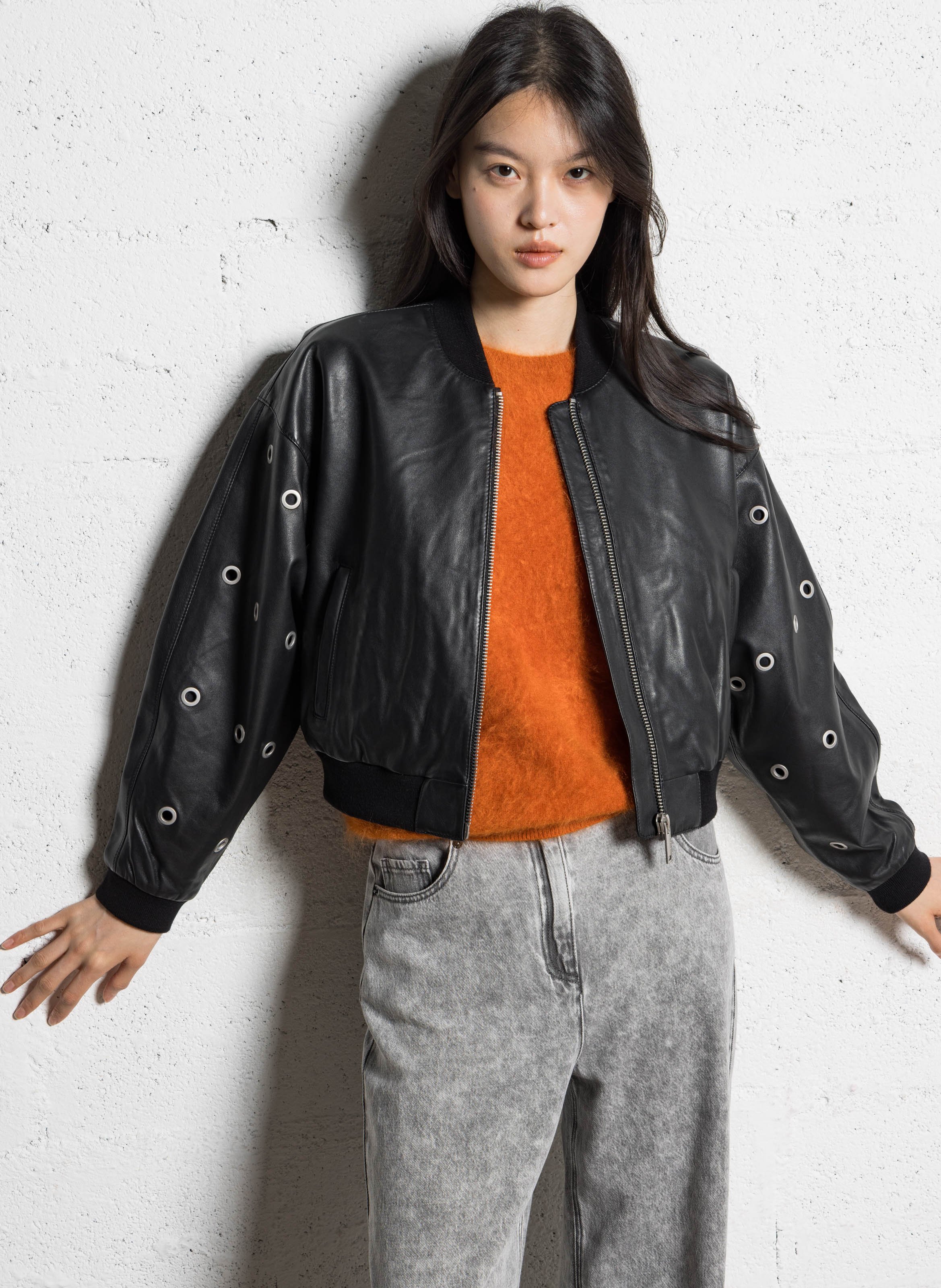 Straight leather teddy collar jacket IKKS Black